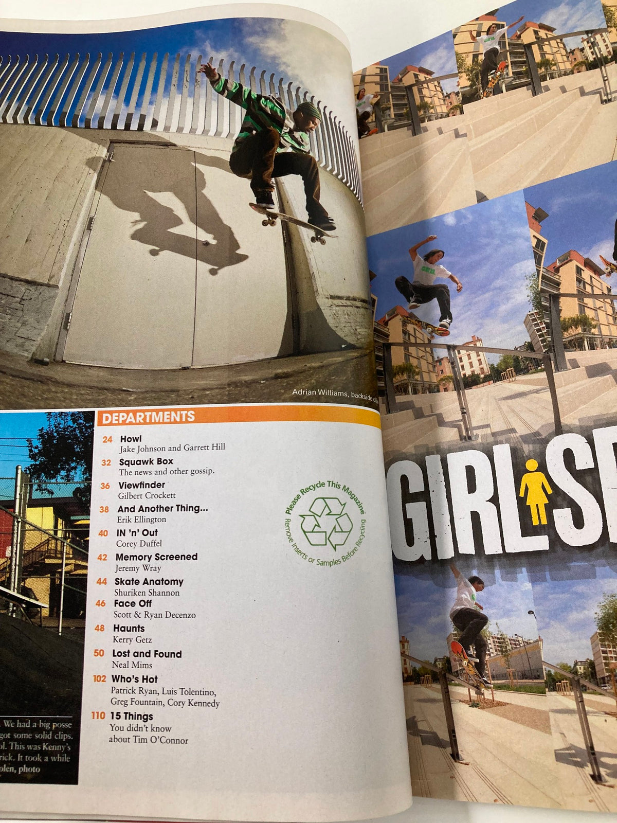Inside page of Skateboarder Magazine February 2010 featuring a list of departments and skateboarding action shots, highlighting Kenny Anderson performing a Backside 180 No-Slide.