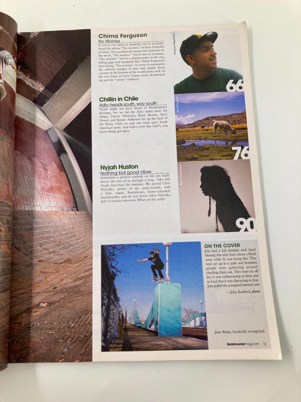 Inside page from Skateboarder Magazine July 2008 Vol 17 #11 showcasing Chima Ferguson, Nyjah Huston, and Chillin in Chile segment, highlighting skateboarding culture and youth style.