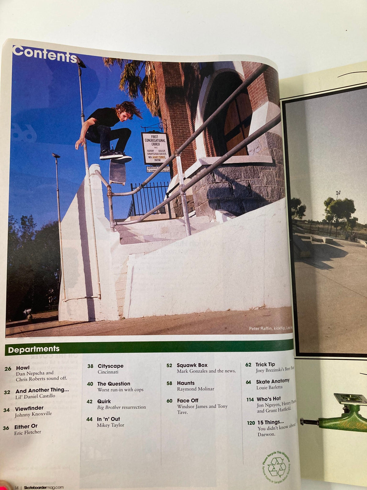 Contents page from Skateboarder Magazine July 2008 Vol 17 #11 featuring skateboarding articles and graphics, including areas on trick tips and the dedication to skating enthusiasts.