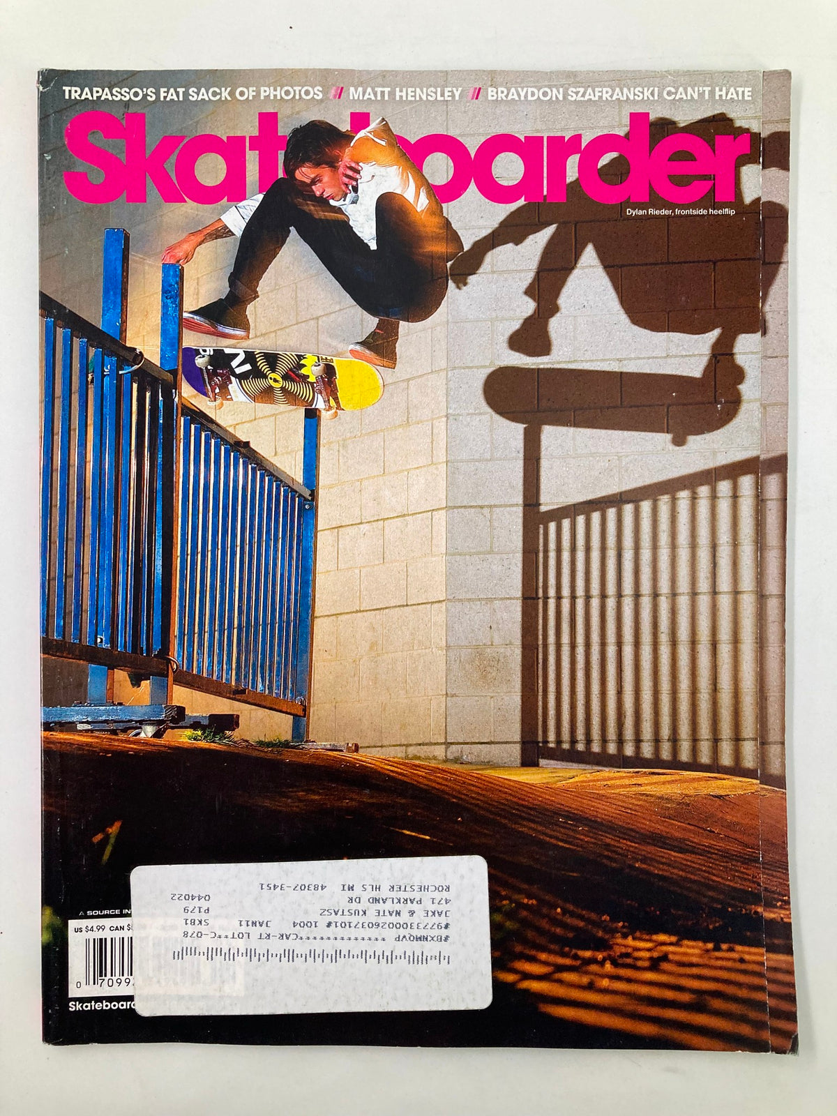 Skateboarder Magazine April 2010 cover featuring Dylan Rieder performing a skateboard trick with Braydon Szafranski on the magazine cover, highlighting skateboarding culture.