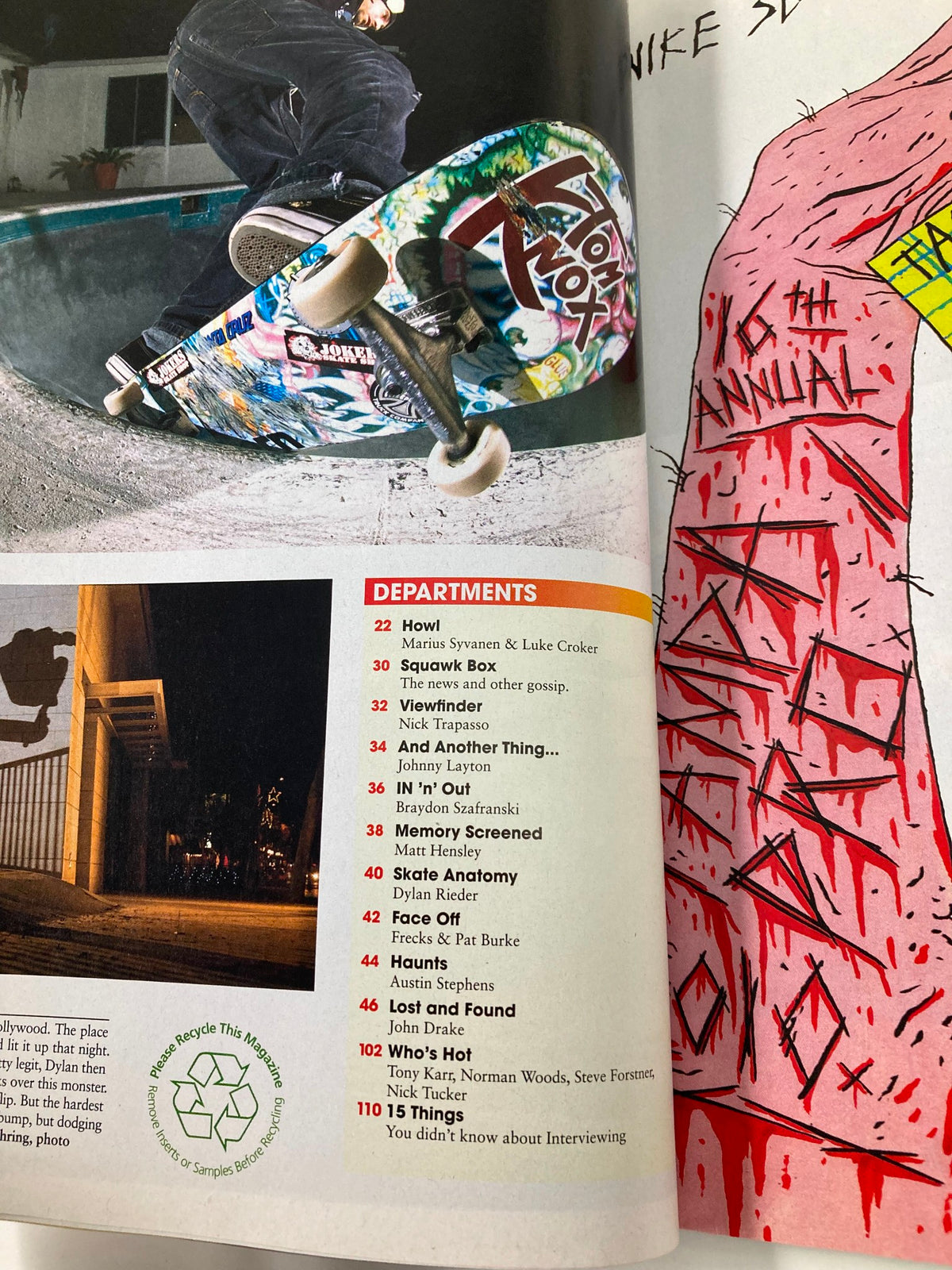 Interior page of Skateboarder Magazine April 2010 displaying the contents section with names of featured skateboarders including Dylan Rieder and Braydon Szafranski, showcasing magazine features.
