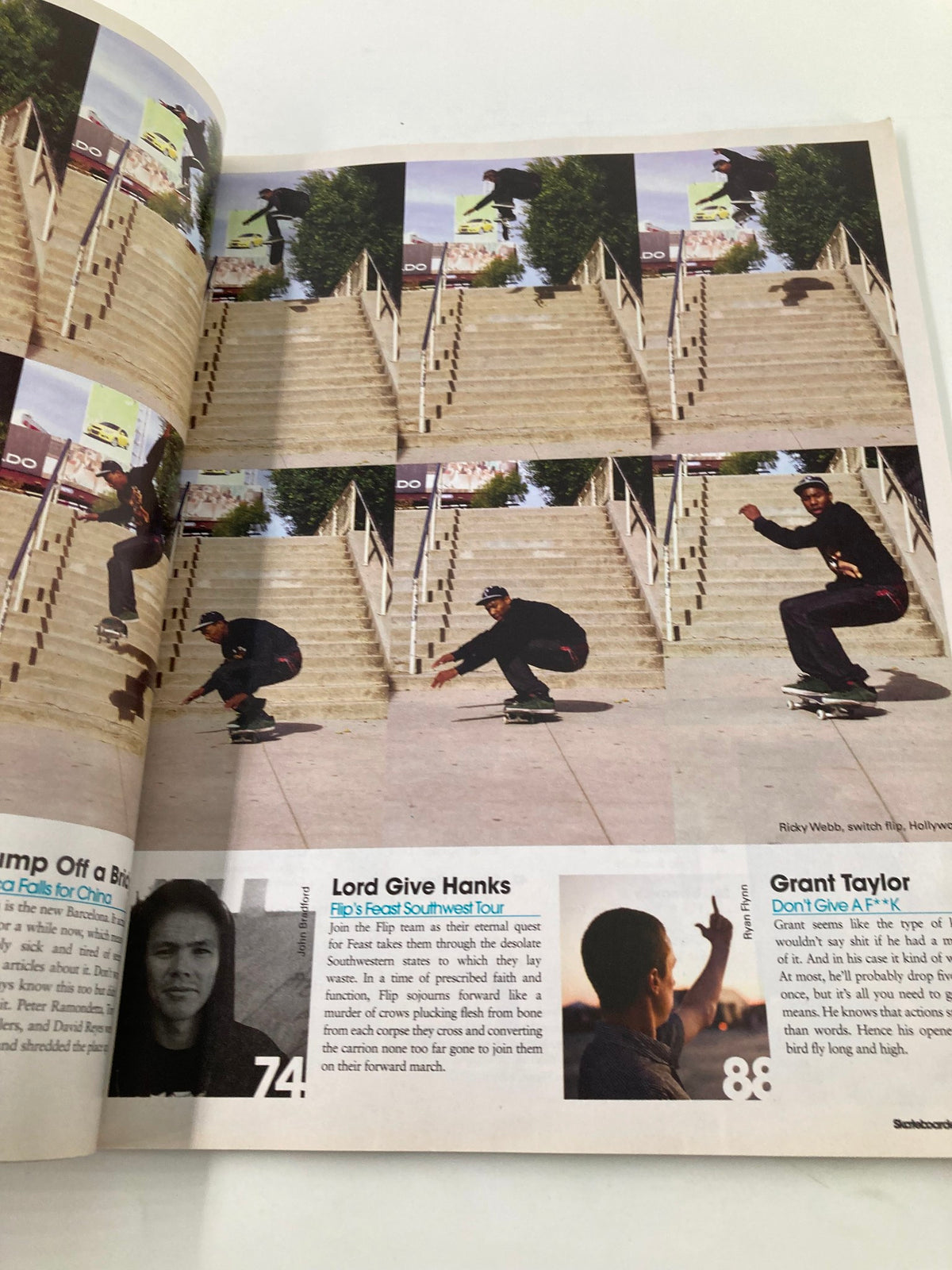 Another page from Skateboarder Magazine April 2009 Vol 18 #8 featuring Grant Taylor executing a skateboard trick, emphasizing his skill and contribution to skateboarding.