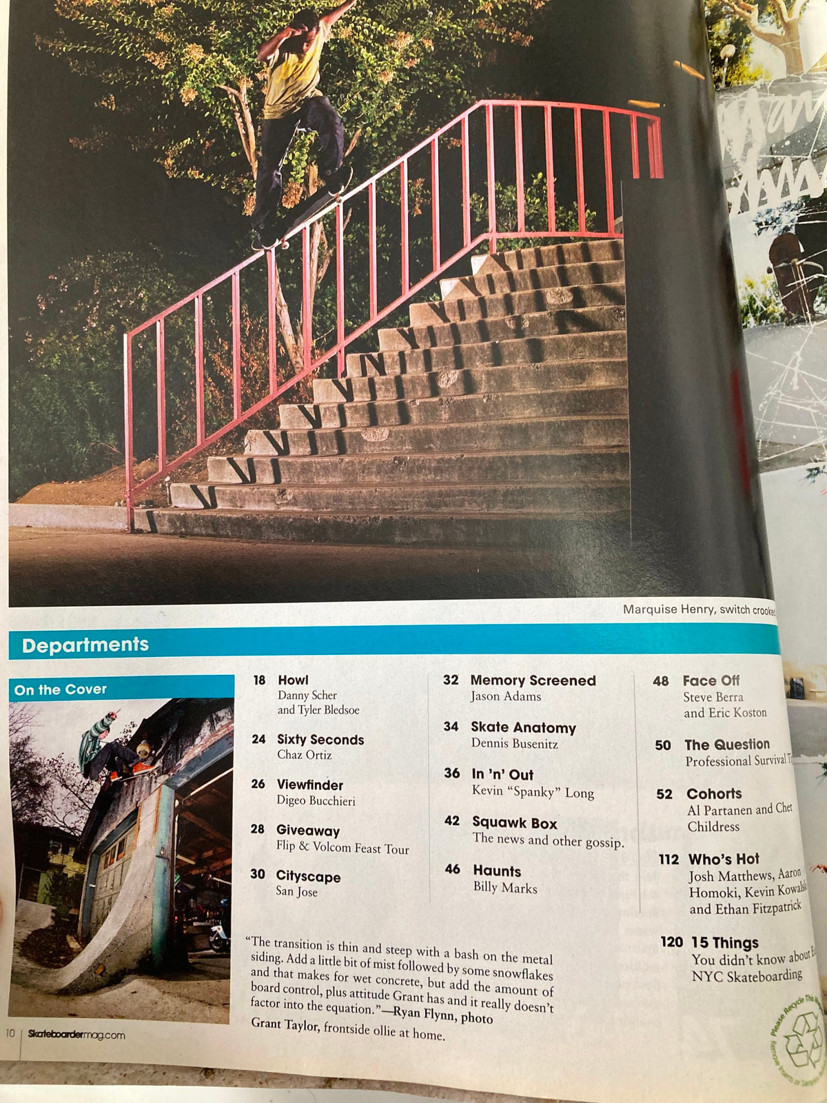 A page from Skateboarder Magazine April 2009 Vol 18 #8 showcasing various skateboarding articles and features, including a mention of Grant Taylor and his iconic skills.