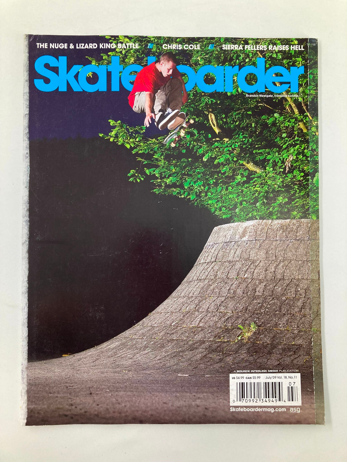 Cover of Skateboarder Magazine July 2009 Vol 18 #11 featuring skateboarder Brandon Westgate performing a trick above a half-pipe.