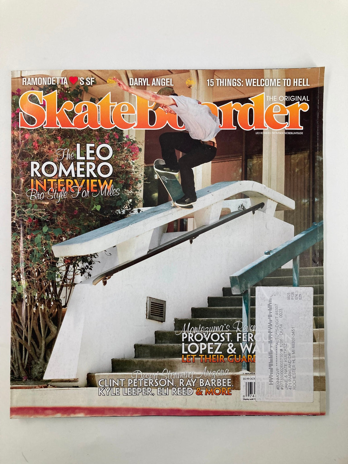 Skateboarder Magazine October 2012 featuring Leo Romero on the cover performing a frontside nosebluntslide, capturing the essence of skate culture.