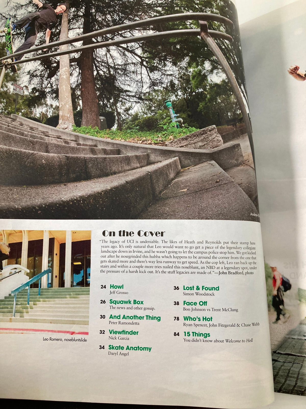 Contents page of Skateboarder Magazine October 2012, highlighting featured articles and visuals, including an introduction to Leo Romero's skateboarding achievements.