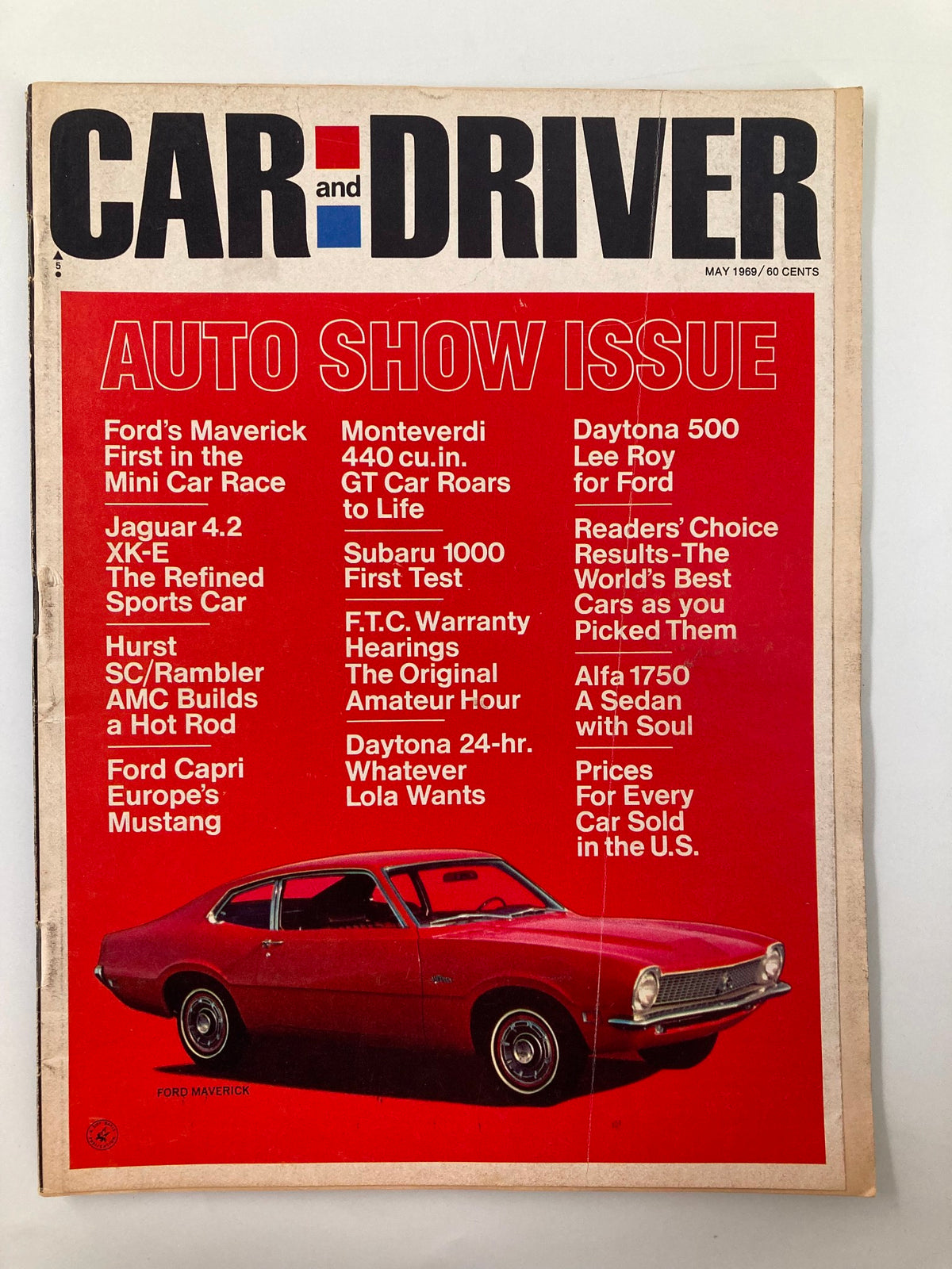 Cover of Vintage Car and Driver Magazine May 1969 featuring an AUTO SHOW ISSUE theme, highlighting cars like Ford's Maverick and features on Jeep, Daytona 500, and Monteverdi.