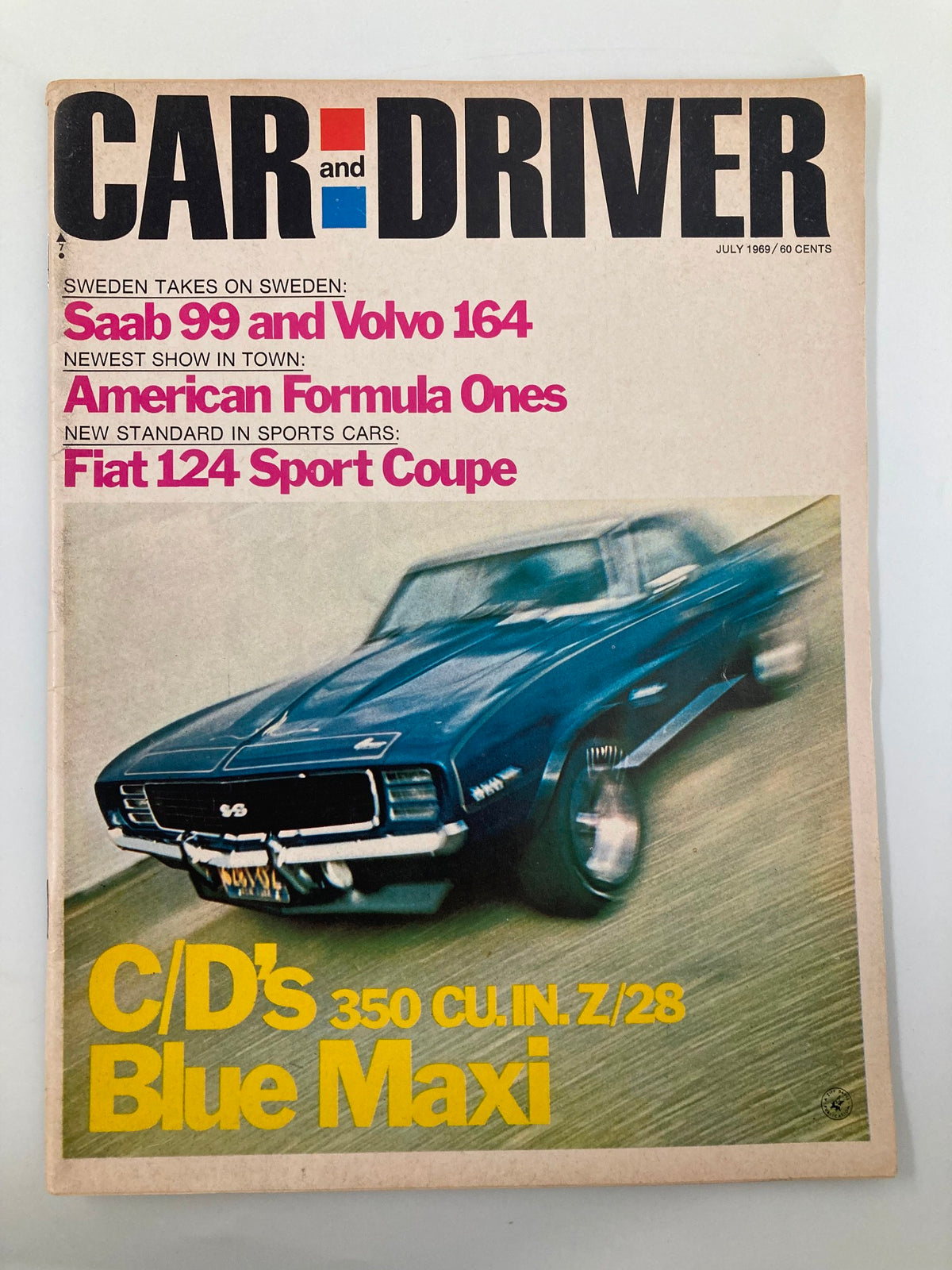 Car and Driver Magazine July 1969 featuring a special-built Chevrolet Camaro on the cover, showcasing the iconic American muscle car design.