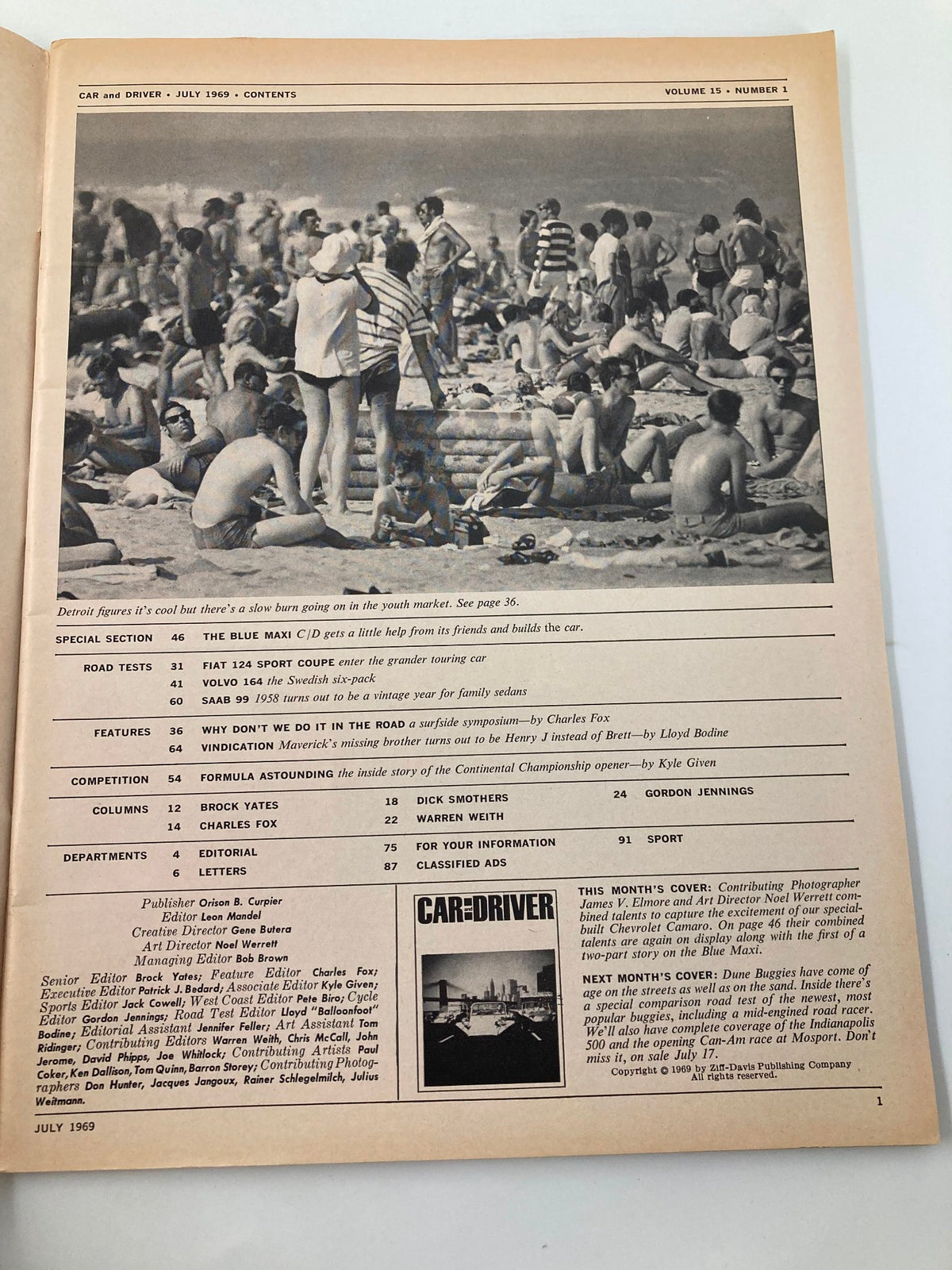 Inside page of Car and Driver Magazine July 1969 displaying the table of contents, reflecting the vintage automotive culture and articles of the era.