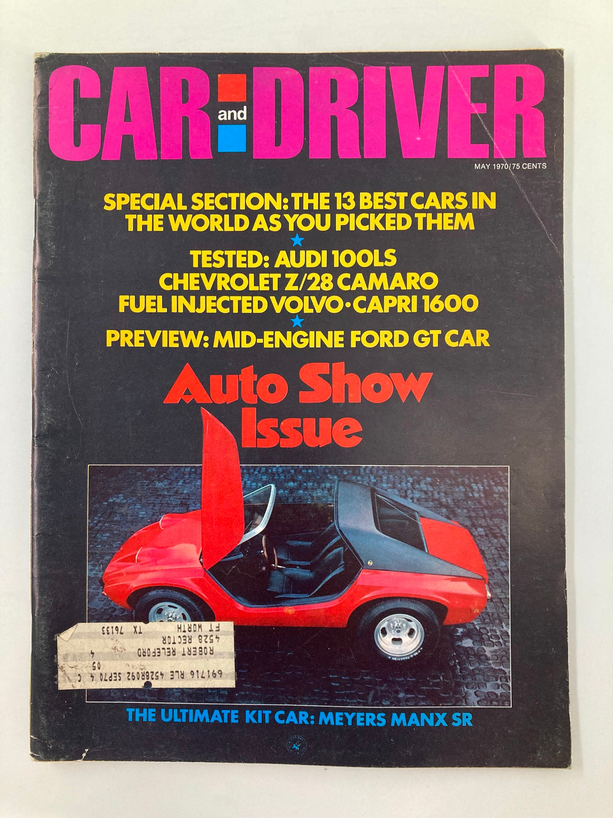 Cover of Car and Driver Magazine, May 1970, featuring the Ultimate Kit Car Meyers Manx SR. The cover highlights special sections on the best cars, tests including Audi 100LS and Chevrolet Z/28 Camaro, and an auto show preview.