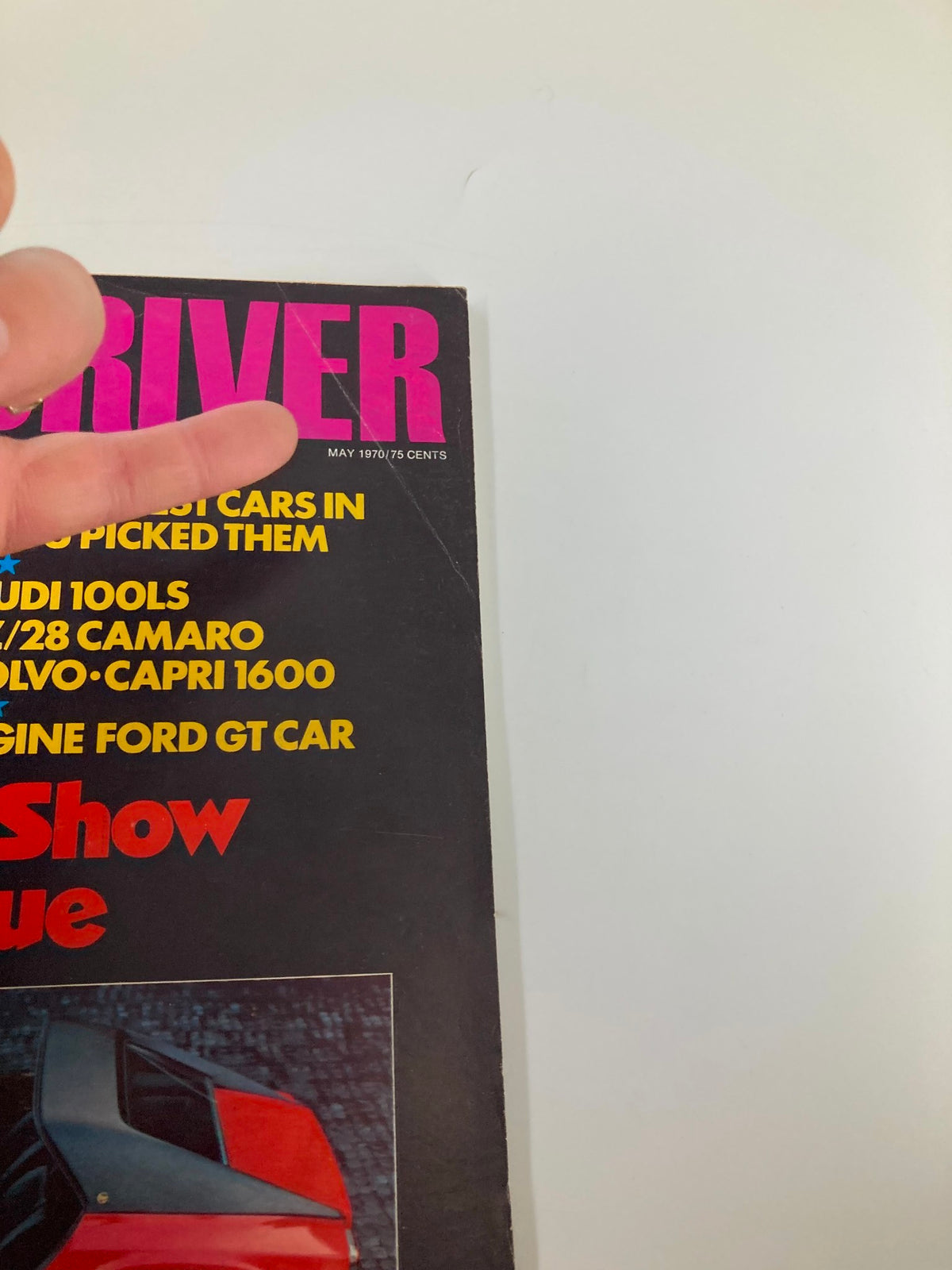 Close-up of the Car and Driver Magazine cover from May 1970, emphasizing the title and the Ultimate Kit Car Meyers Manx SR, along with features on automotive testing.
