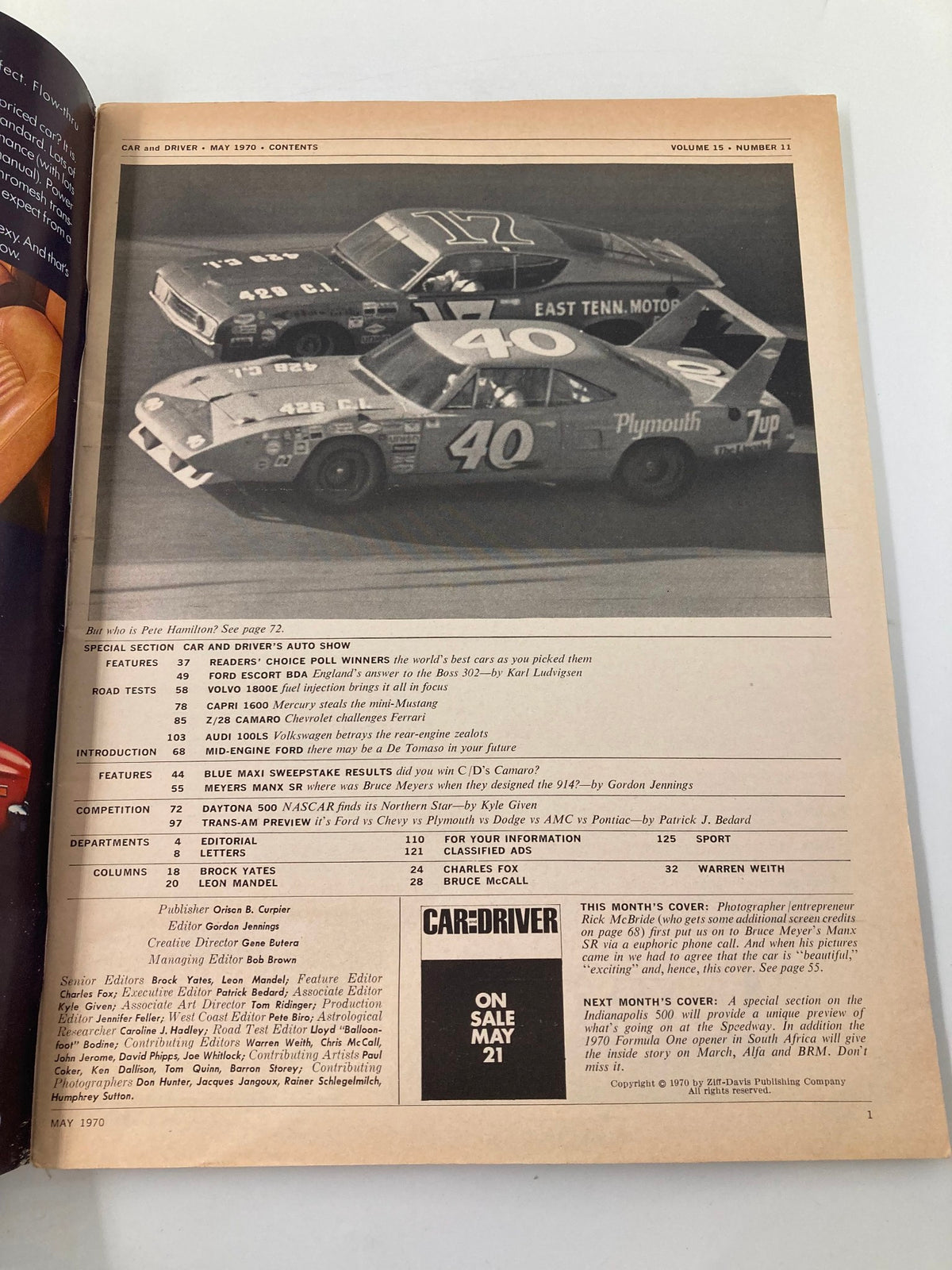 Contents page of Car and Driver Magazine, May 1970, showcasing articles and features including Car and Driver's Auto Show and details regarding the Ultimate Kit Car Meyers Manx SR.