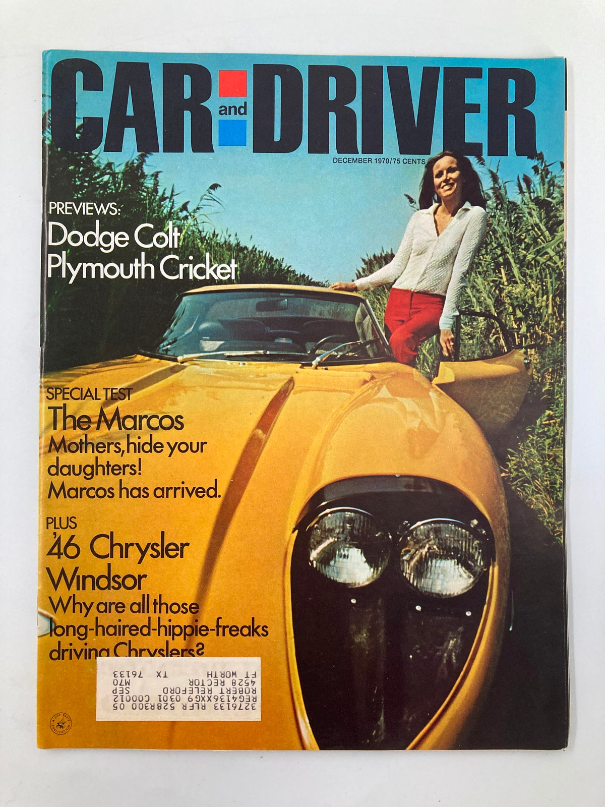 Car and Driver magazine December 1970 featuring Dodge Colt and Plymouth Cricket on the cover, showcasing vintage automotive culture.