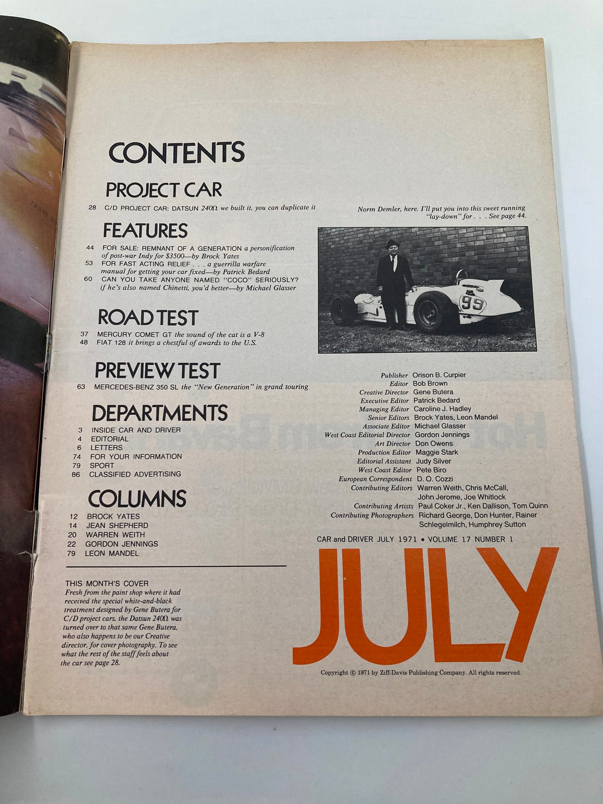 Contents page of Car and Driver Magazine July 1971, showcasing features including the Datsun 240 project car, road tests, and columns by automotive experts.