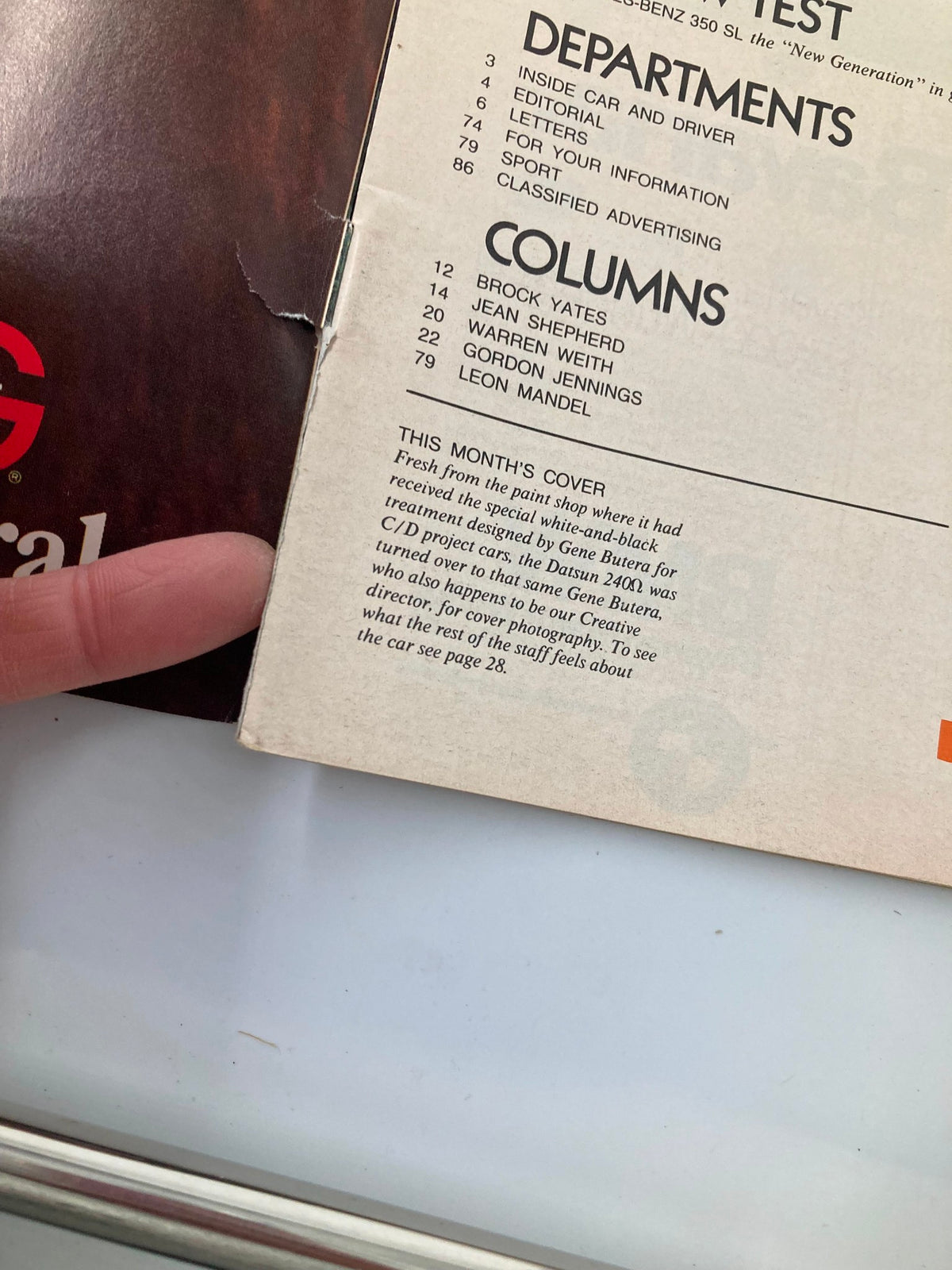 Detail of the contents page from Car and Driver Magazine July 1971, presenting editorial features, including a special section on the Datsun 240 designed by Gene Butera.