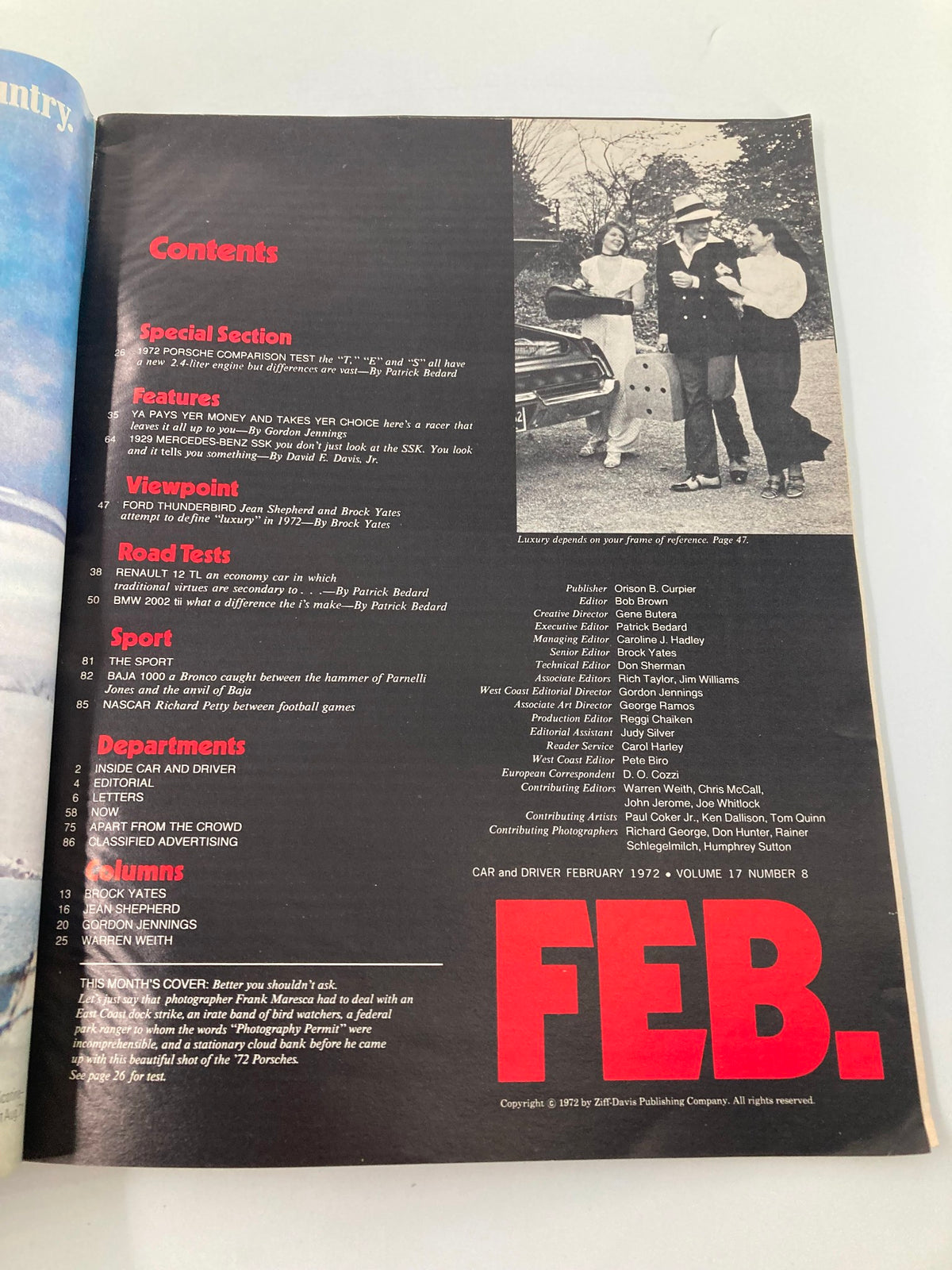 Contents page of Car and Driver Magazine February 1972, outlining featured articles and sections including a special section on the 1972 Porsche comparison test, and insights on automotive culture during the era.