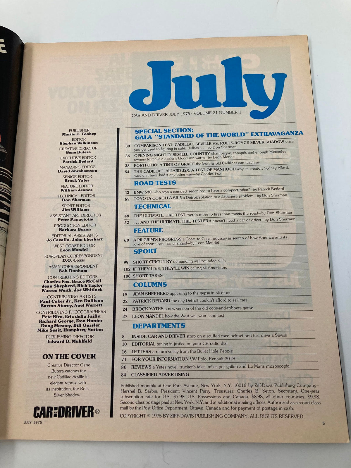Inside page of VTG Car and Driver Magazine July 1975 featuring the table of contents. Highlights include the BMW 530i test and various automotive articles and sections, reflecting the automotive culture of the 1970s.