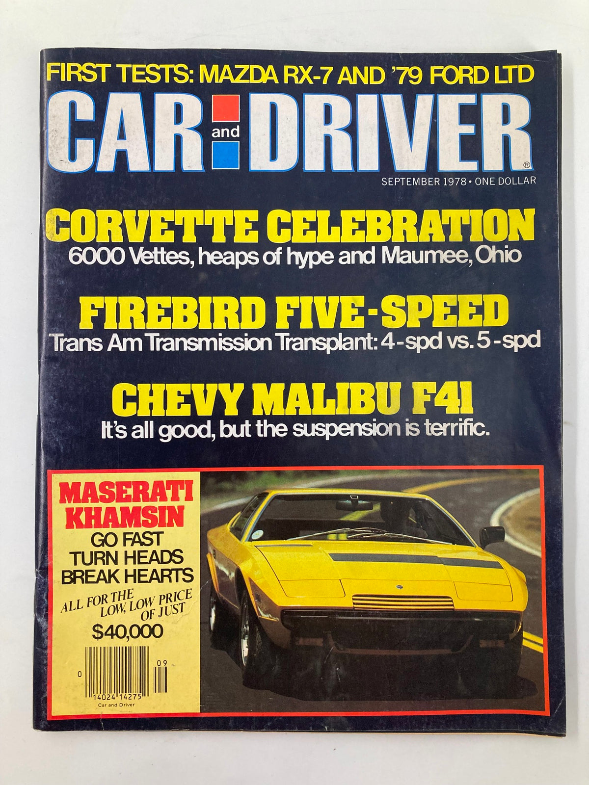 Vintage Car and Driver Magazine from September 1978 featuring Maserati's Khamsin on the cover, showcasing automotive history and culture of the late 70s.