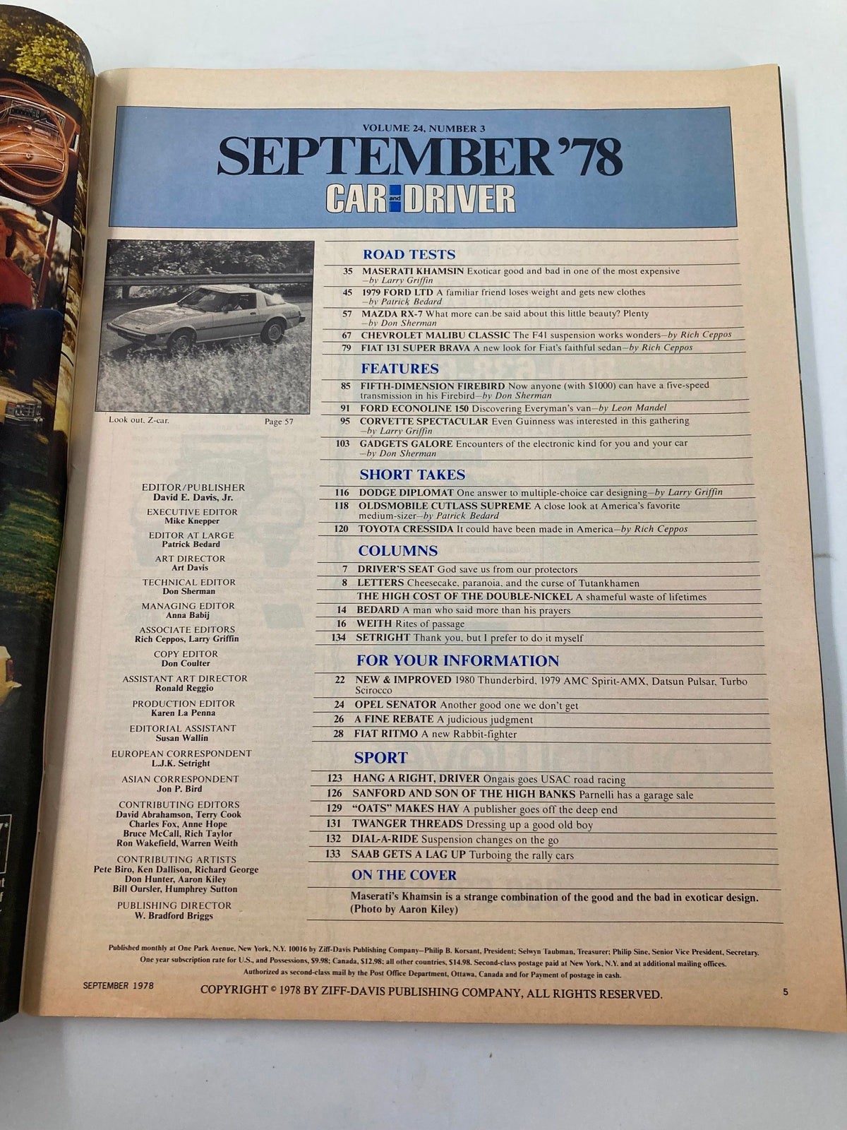 Inside page of the Car and Driver Magazine September 1978, listing articles and features including road tests and automotive design discussions.