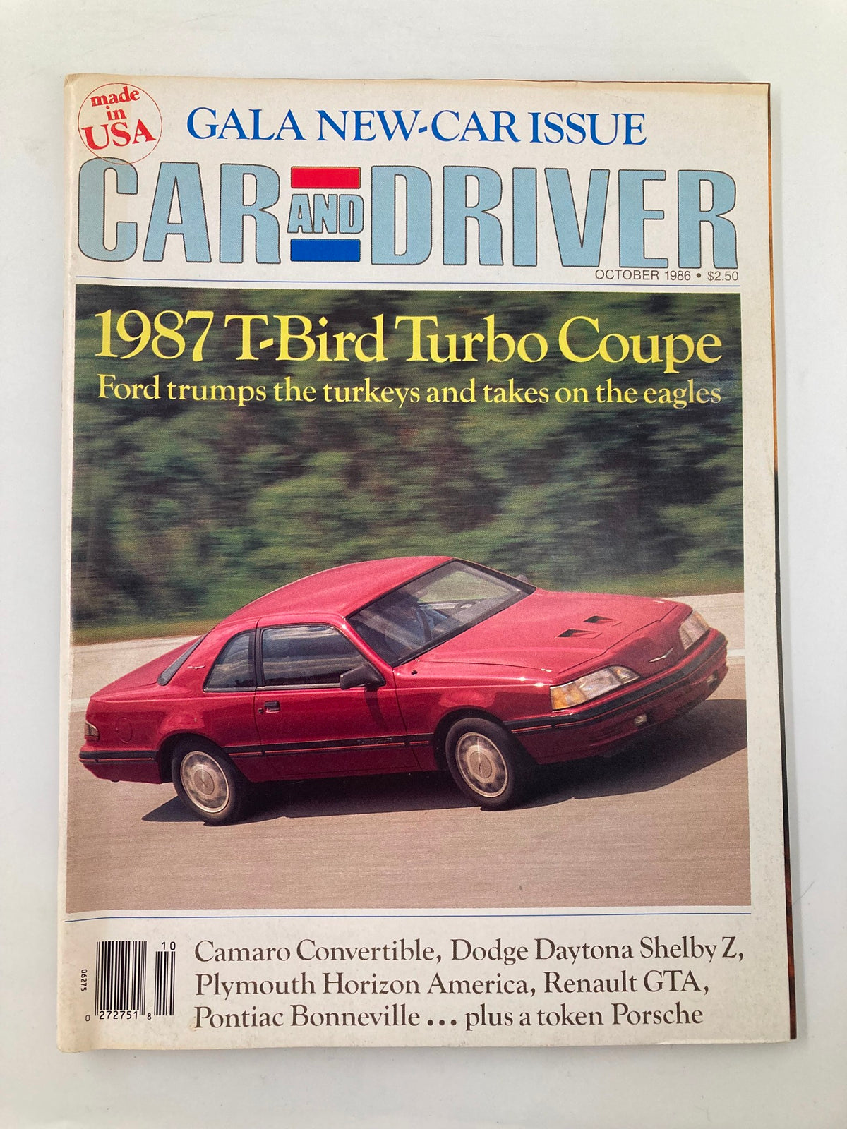 Cover of Car and Driver magazine from October 1986 featuring the 1987 T-Bird Turbo Coupe, highlighting its sleek design and automotive technology.