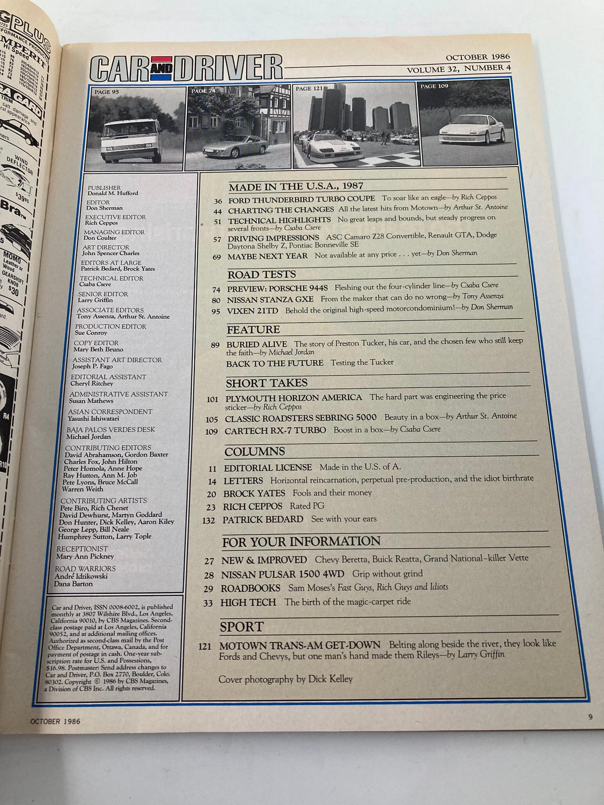 Interior page from the October 1986 issue of Car and Driver magazine, displaying the table of contents and article highlights, including features on the 1987 T-Bird Turbo Coupe.