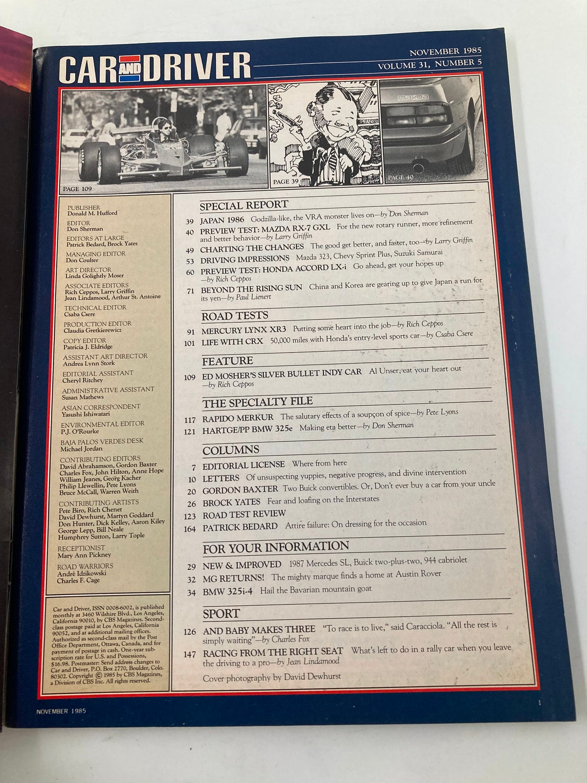 Interior page of Car and Driver Magazine November 1985, detailing articles and content including a preview of the Mazda RX-7 and other automotive features.