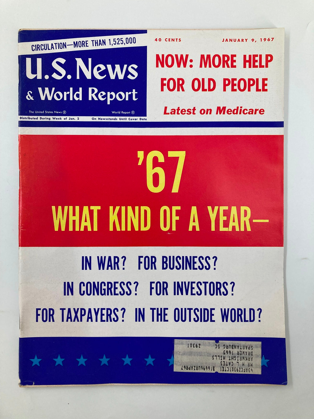 Cover of US News & World Report Magazine January 9, 1967, featuring the headline 'Now: More Help for Old People' along with articles on Medicare and societal issues faced by the elderly.