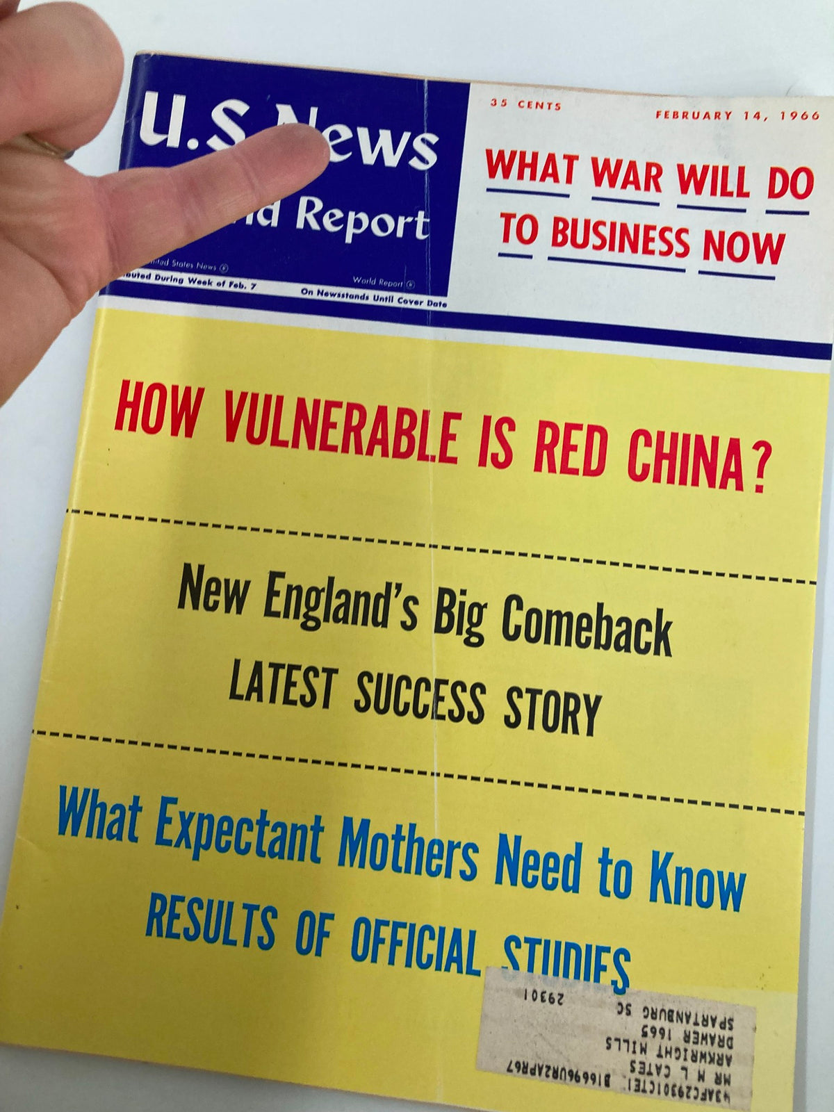 Cover of the US News & World Report Magazine dated February 14, 1966, featuring the headline 'How Vulnerable Is Red China?' along with additional topics such as 'What War Will Do to Business Now' and 'New England's Big Comeback'.