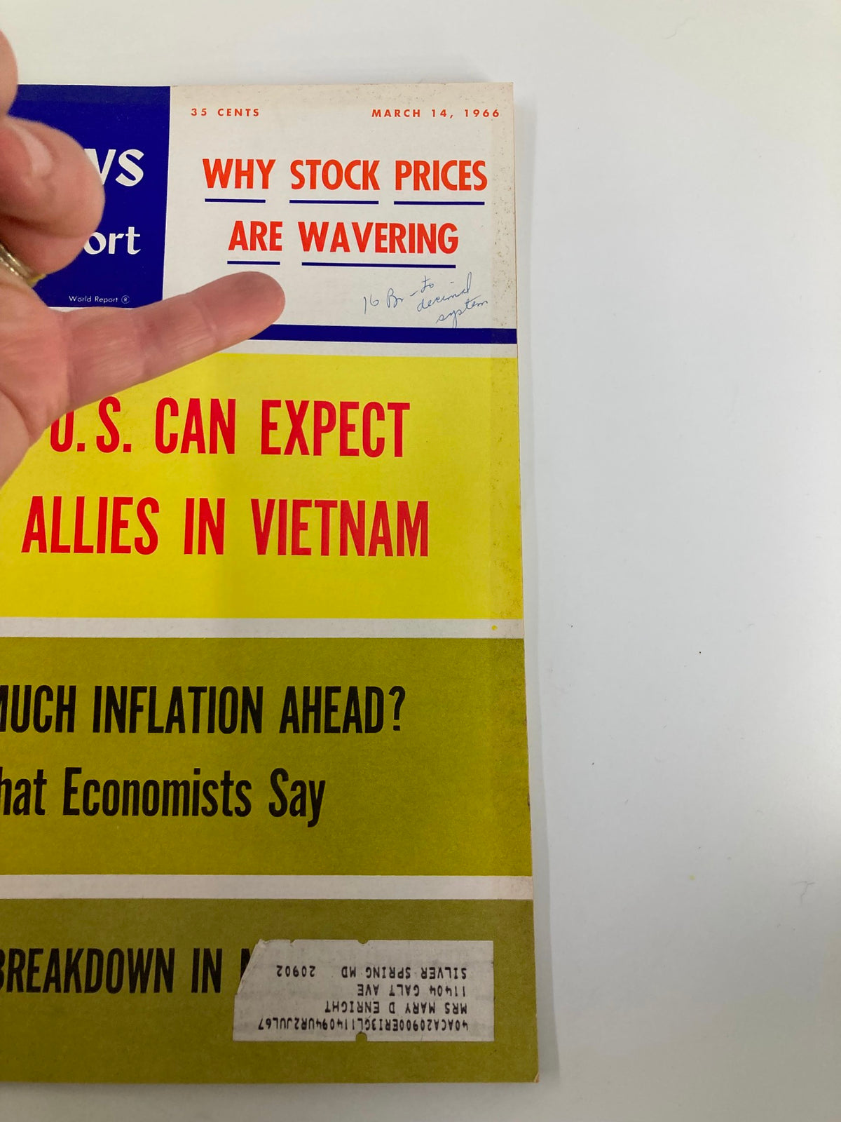 Close-up of the cover of US News & World Report Magazine March 14, 1966 showing the headline Why Stock Prices Are Wavering with a hand pointing at the title and additional subtopics highlighted.