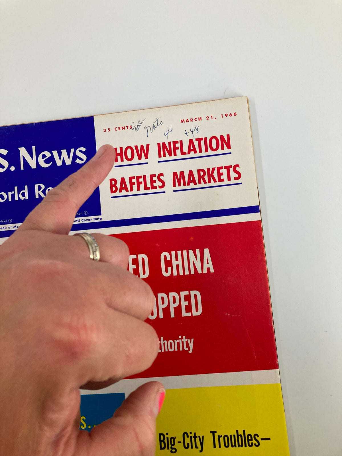 Close-up of the cover of US News & World Report Magazine from March 21, 1966, emphasizing the title 'How Inflation Baffles Markets' with a hand pointing at the text.