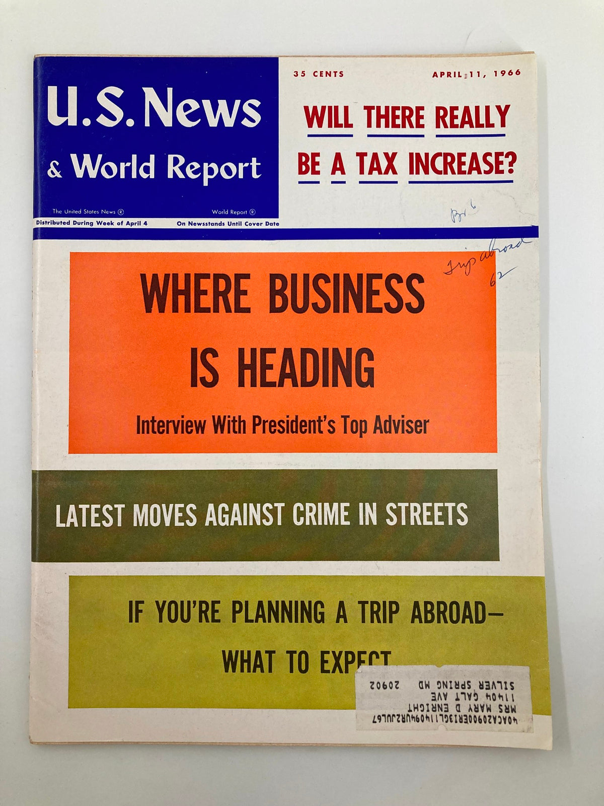 Cover of US News & World Report Magazine dated April 11, 1966, titled 'Where Business is Heading,' featuring an orange header and articles on business trends and taxes.
