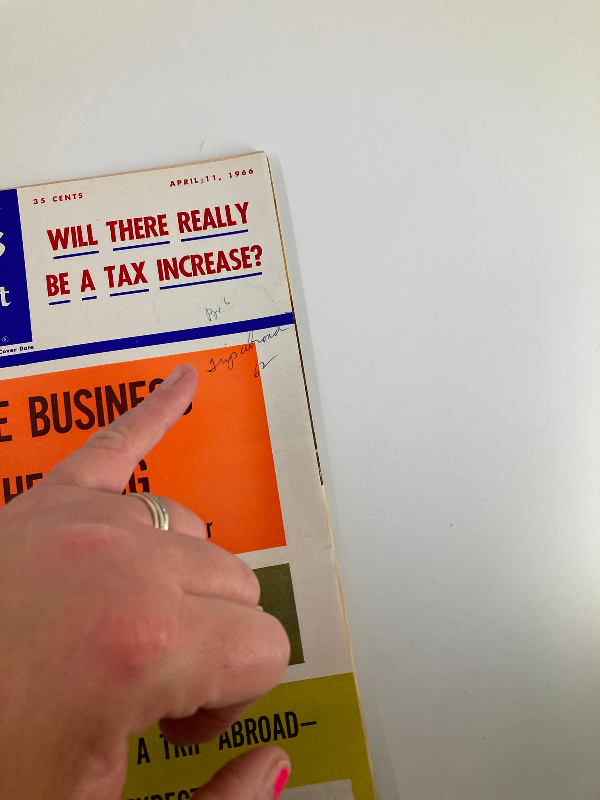 Close-up view of the cover of US News & World Report Magazine from April 11, 1966, highlighting the title 'Where Business is Heading' with hand pointing at tax increase question.