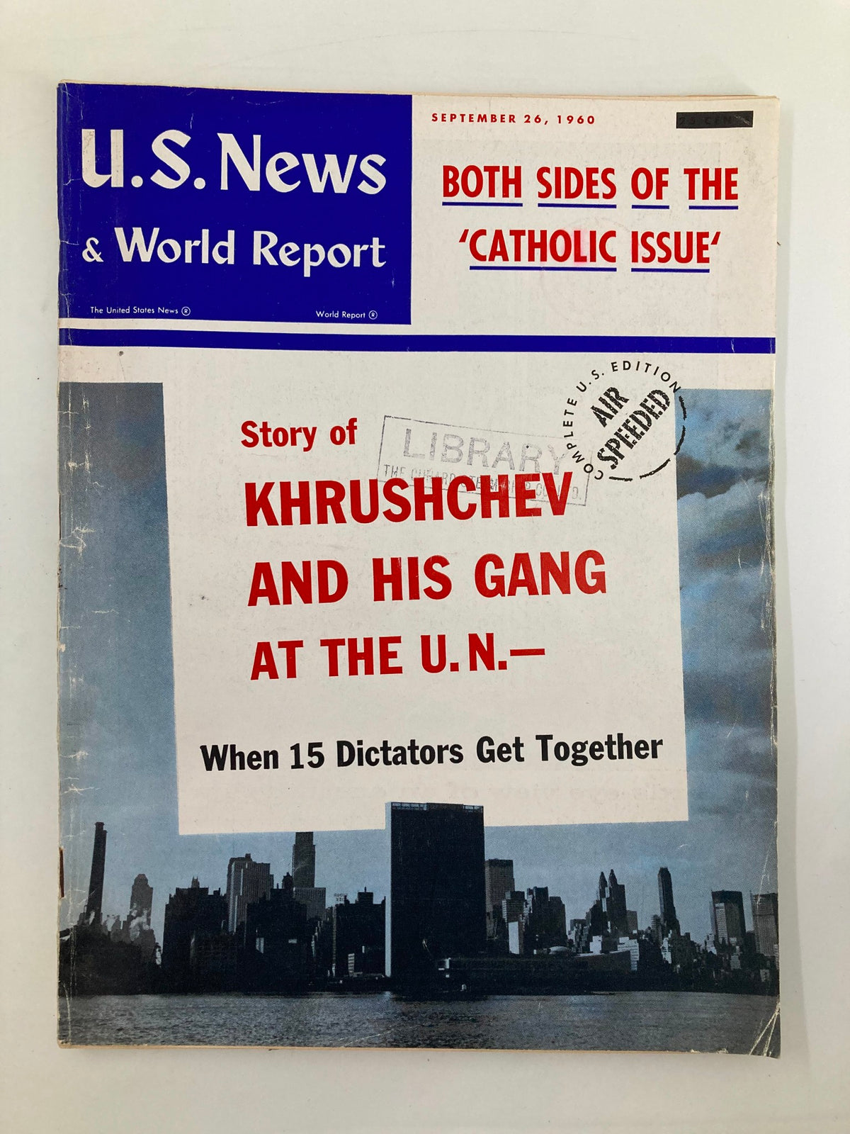 Cover of US News & World Report Magazine from September 26, 1960, featuring the title 'Both Sides of the Catholic Issue' and an article on Khrushchev and his gang at the U.N.