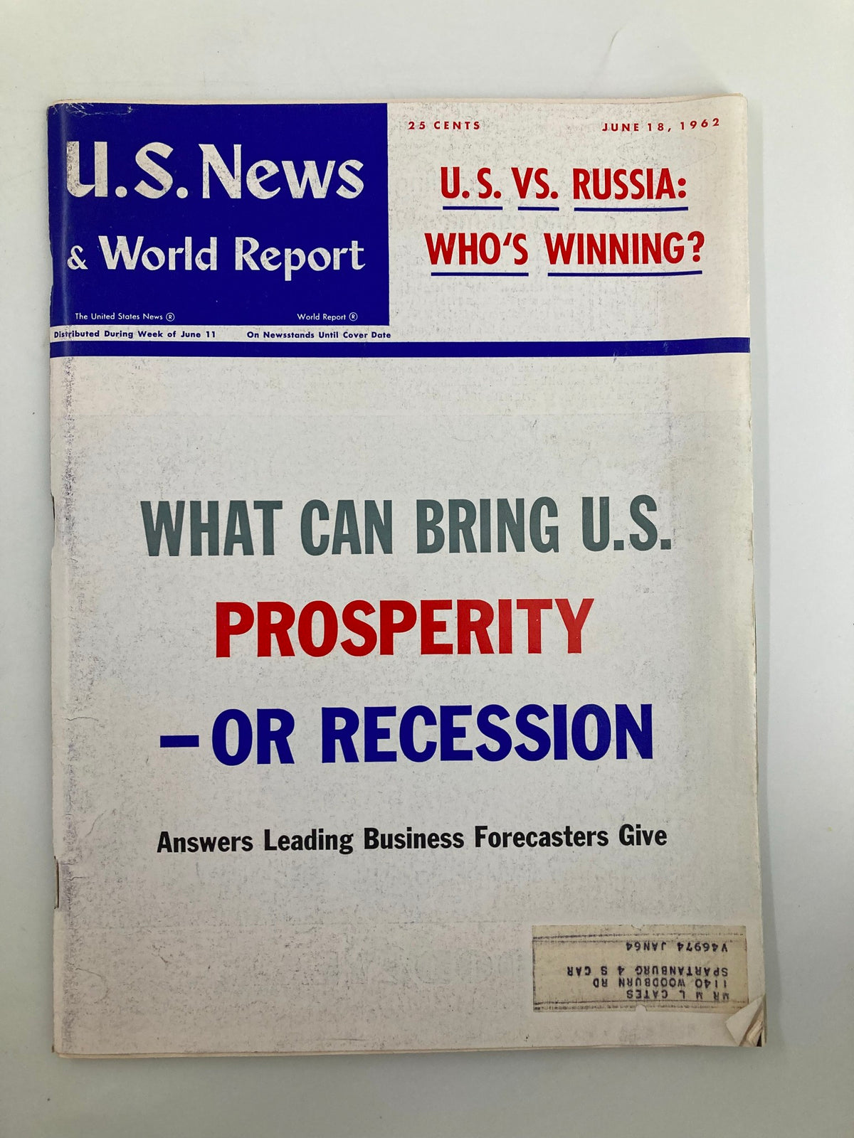 Cover of US News & World Report Magazine from June 18, 1962, featuring the headline 'U.S. vs. Russia: Who's Winning?' and an article about U.S. prosperity and recession.