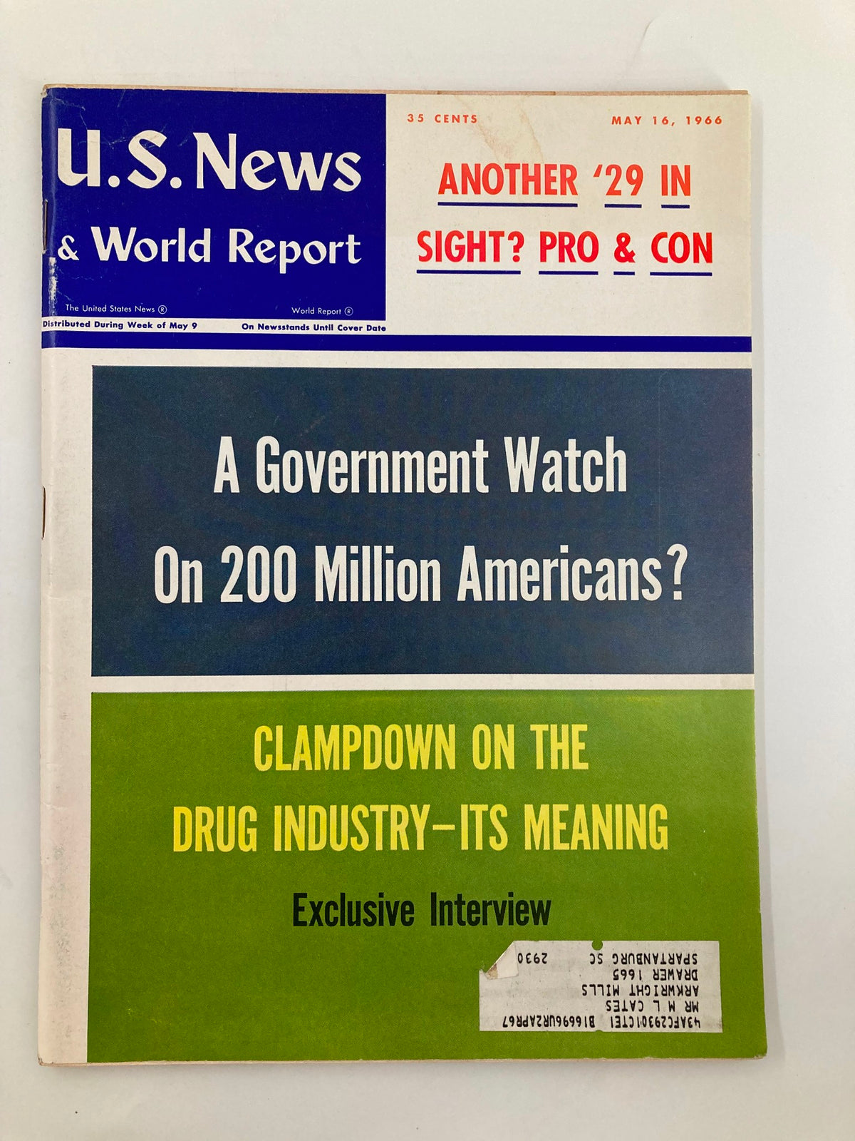 Cover of US News & World Report Magazine May 16, 1966, featuring headlines about a government watch on 200 million Americans and an exclusive interview on the clampdown on the drug industry.