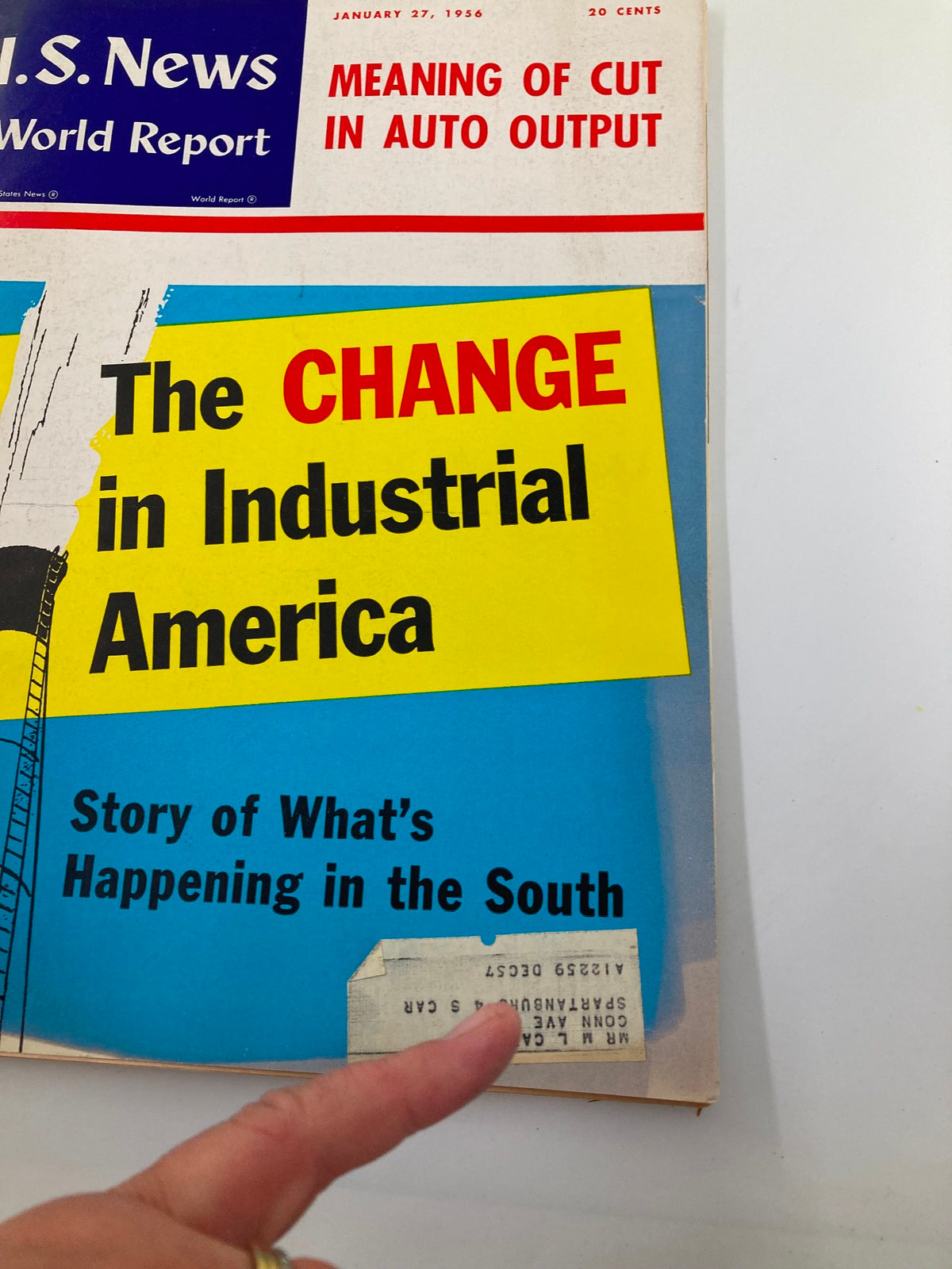 Close-up of the US News & World Report Magazine January 27, 1956 cover showing the title 'The Change in Industrial America' and a label on the side, emphasizing the socio-economic themes discussed within.