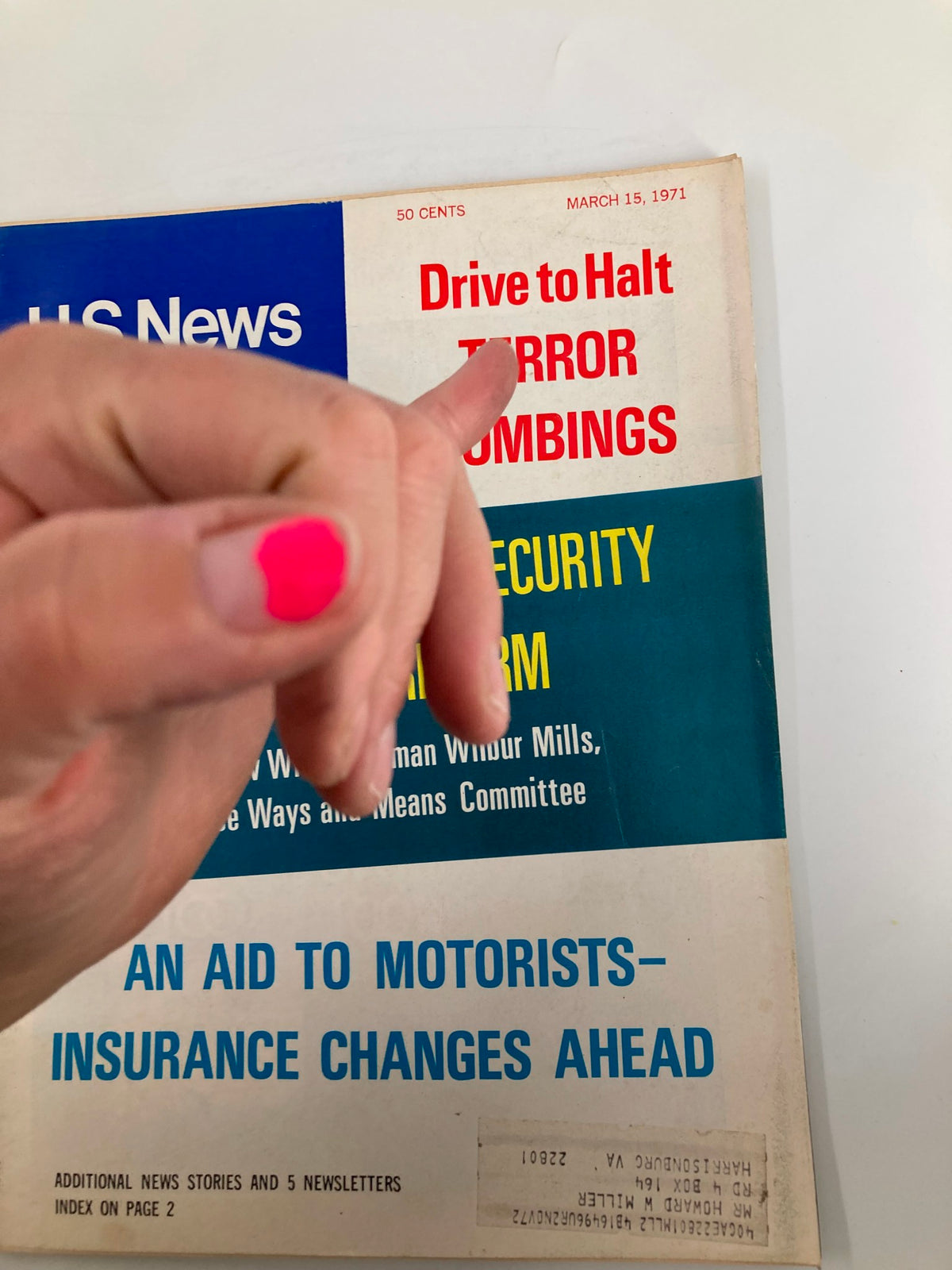 Close-up of the US News & World Report Magazine cover from March 15, 1971, with an emphasis on the headline 'Drive to Halt Terror Bombings' and other featured articles.