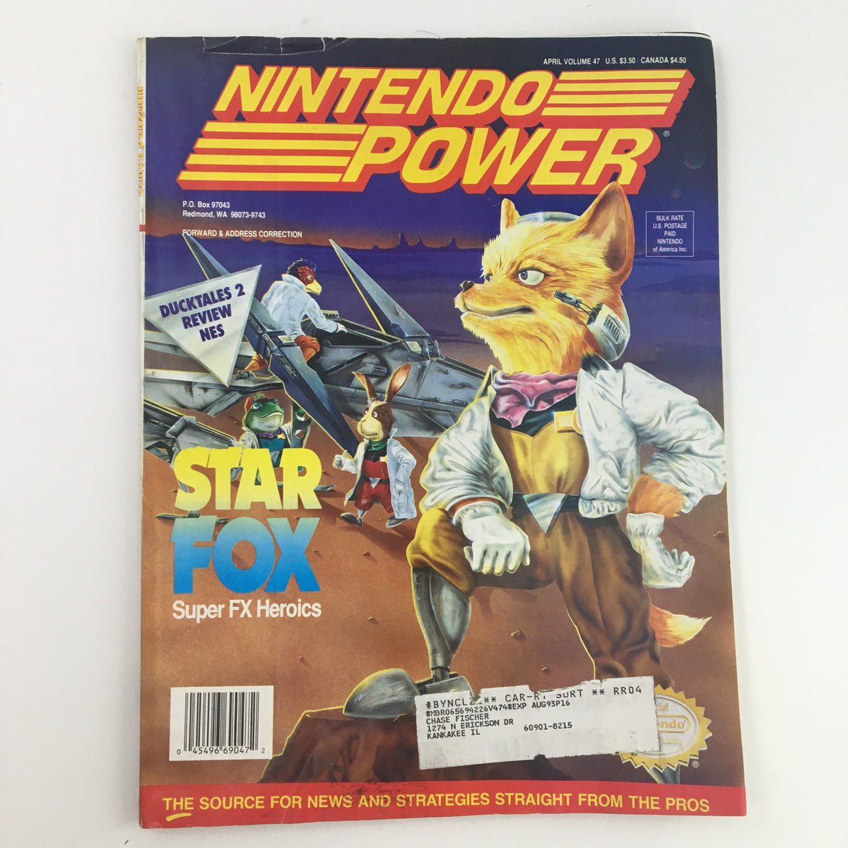 Cover image of Nintendo Power Magazine April 1993, Vol 47 featuring Star Fox with Super FX Heroics. The cover showcases a dynamic illustration of Fox McCloud and his team in a vibrant space setting, highlighting the iconic gaming franchise.