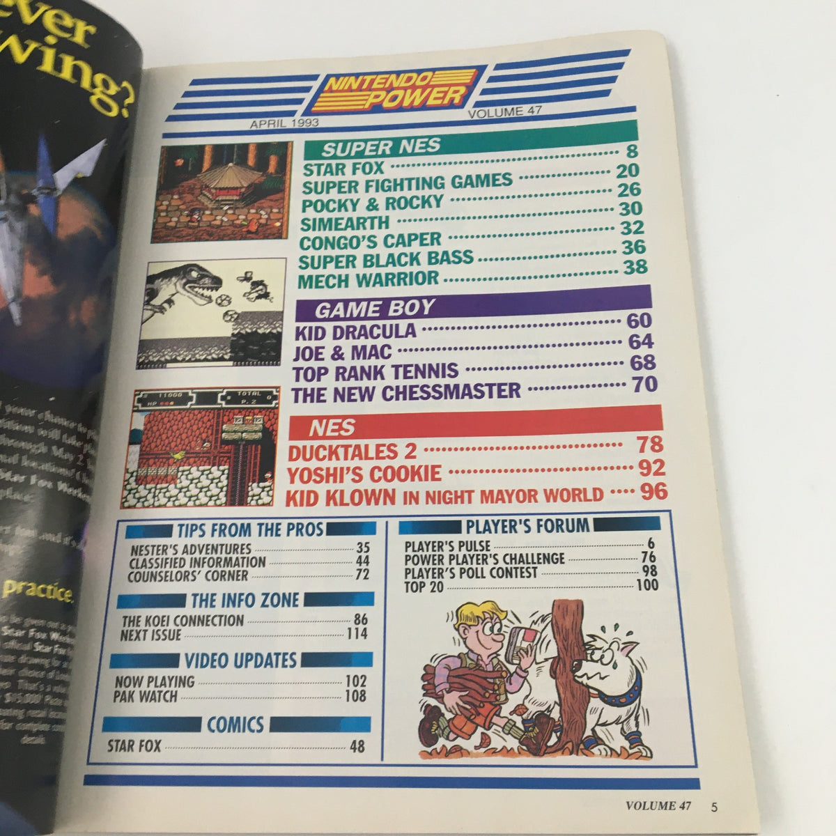Table of contents page from Nintendo Power Magazine April 1993, Vol 47, detailing featured games including Star Fox and DuckTales 2.