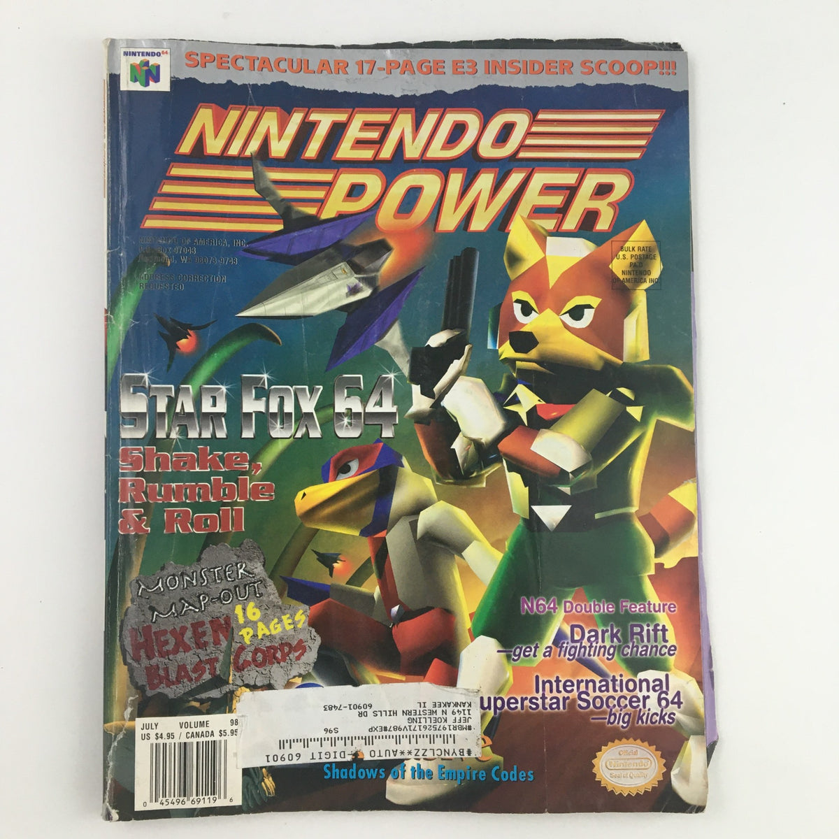 Cover of Nintendo Power Magazine July 1997 featuring Star Fox 64 and Ken Griffey Jr. with vibrant artwork, showcasing characters like Fox McCloud and promotional content related to the game.