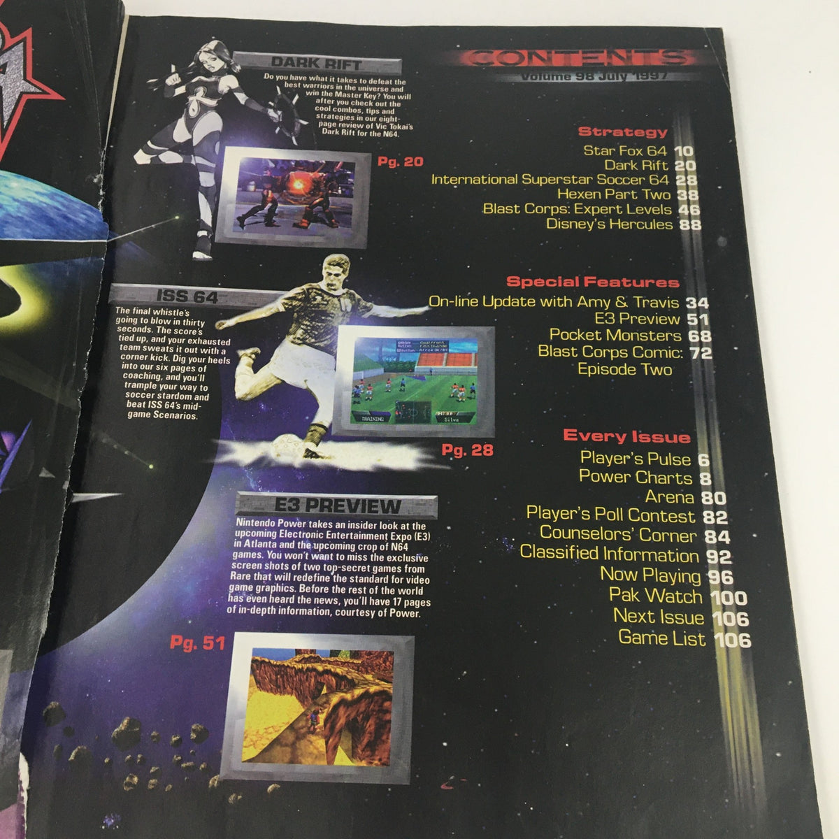 Contents page of Nintendo Power Magazine July 1997 listing featured articles and game previews.