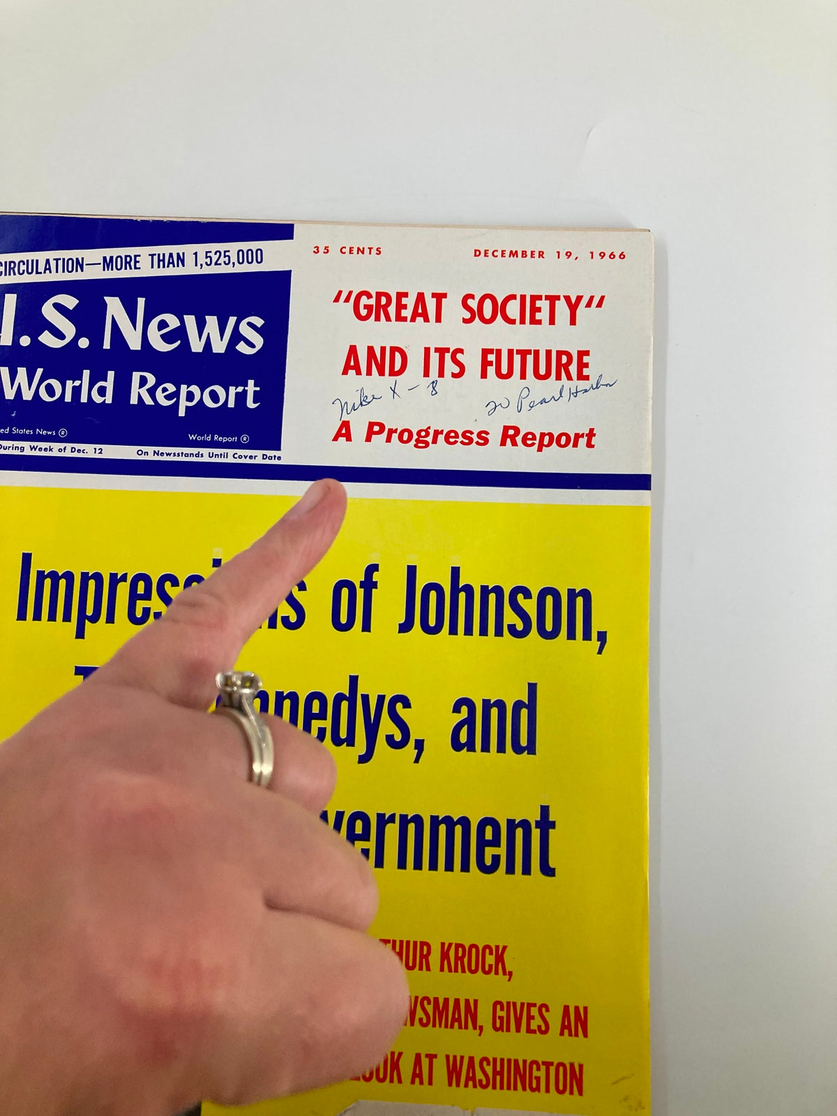 Close-up of the US News & World Report Magazine December 19 1966 cover showing detailed text and a person's hand pointing to the magazine's title, emphasizing impressions of Johnson and Kennedy.
