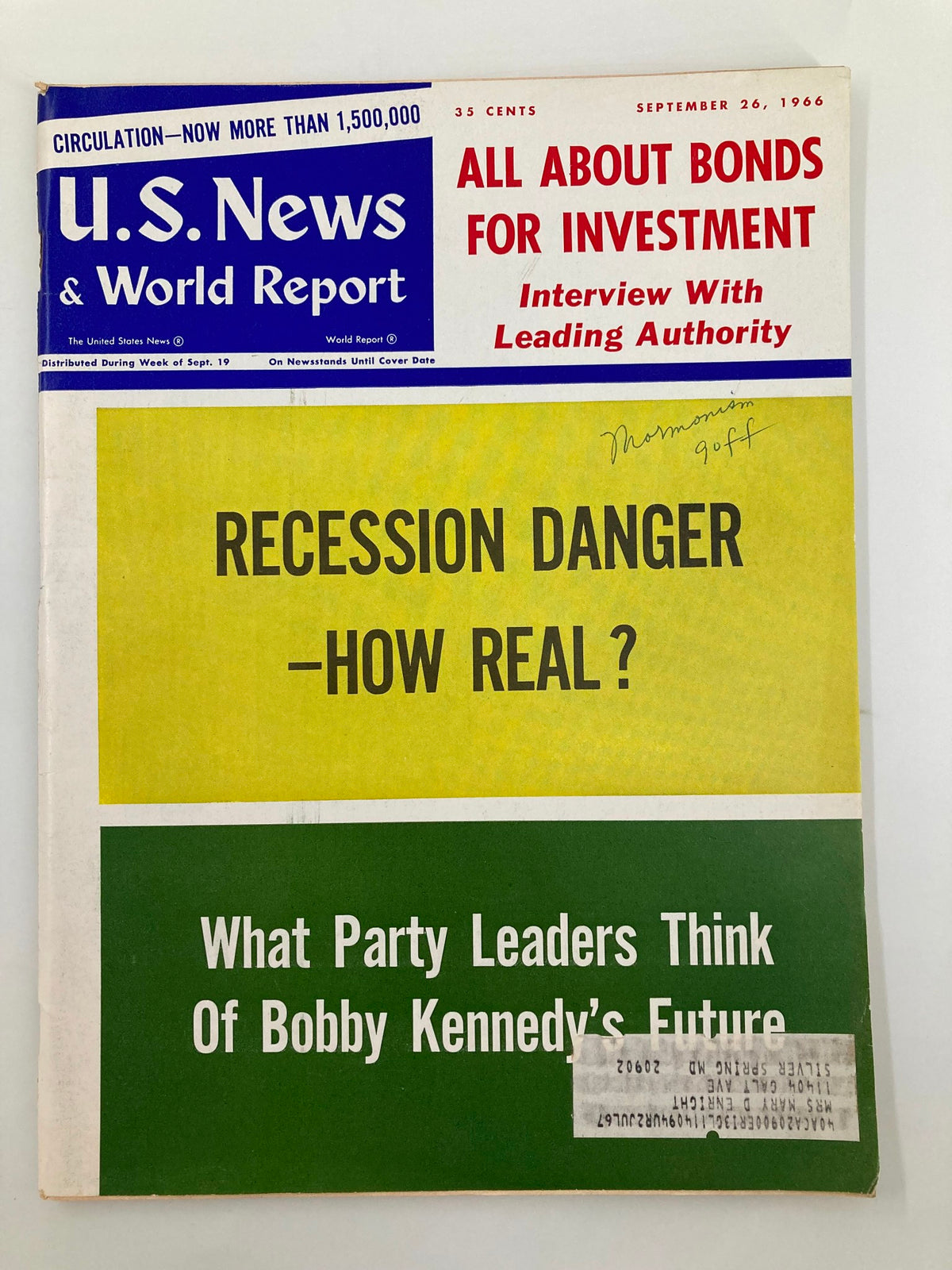 Cover of US News & World Report Magazine dated September 26, 1966, featuring the headline 'Recession Danger - How Real?' along with articles discussing economic issues and political insights.