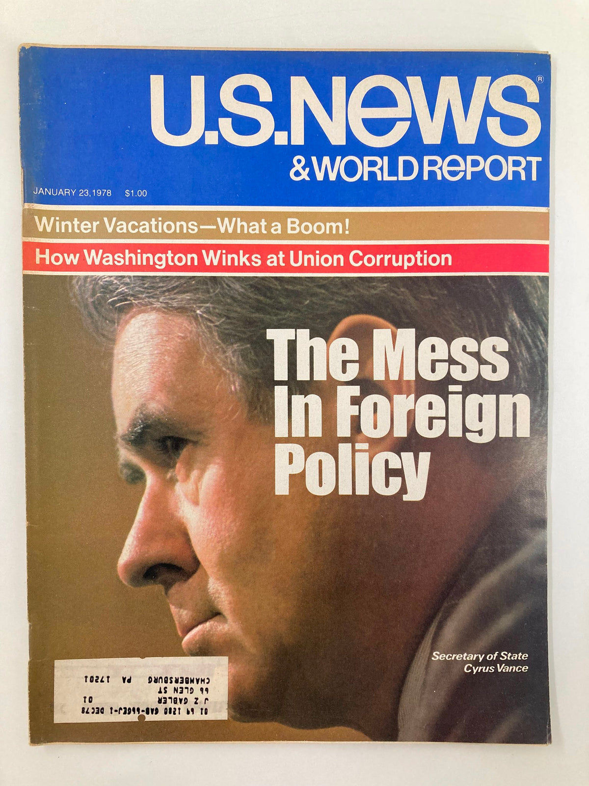US News & World Report Magazine January 23 1978 featuring a close-up of Secretary of State Cyrus Vance, highlighting the theme 'The Mess In Foreign Policy' with a focus on contemporary political issues.