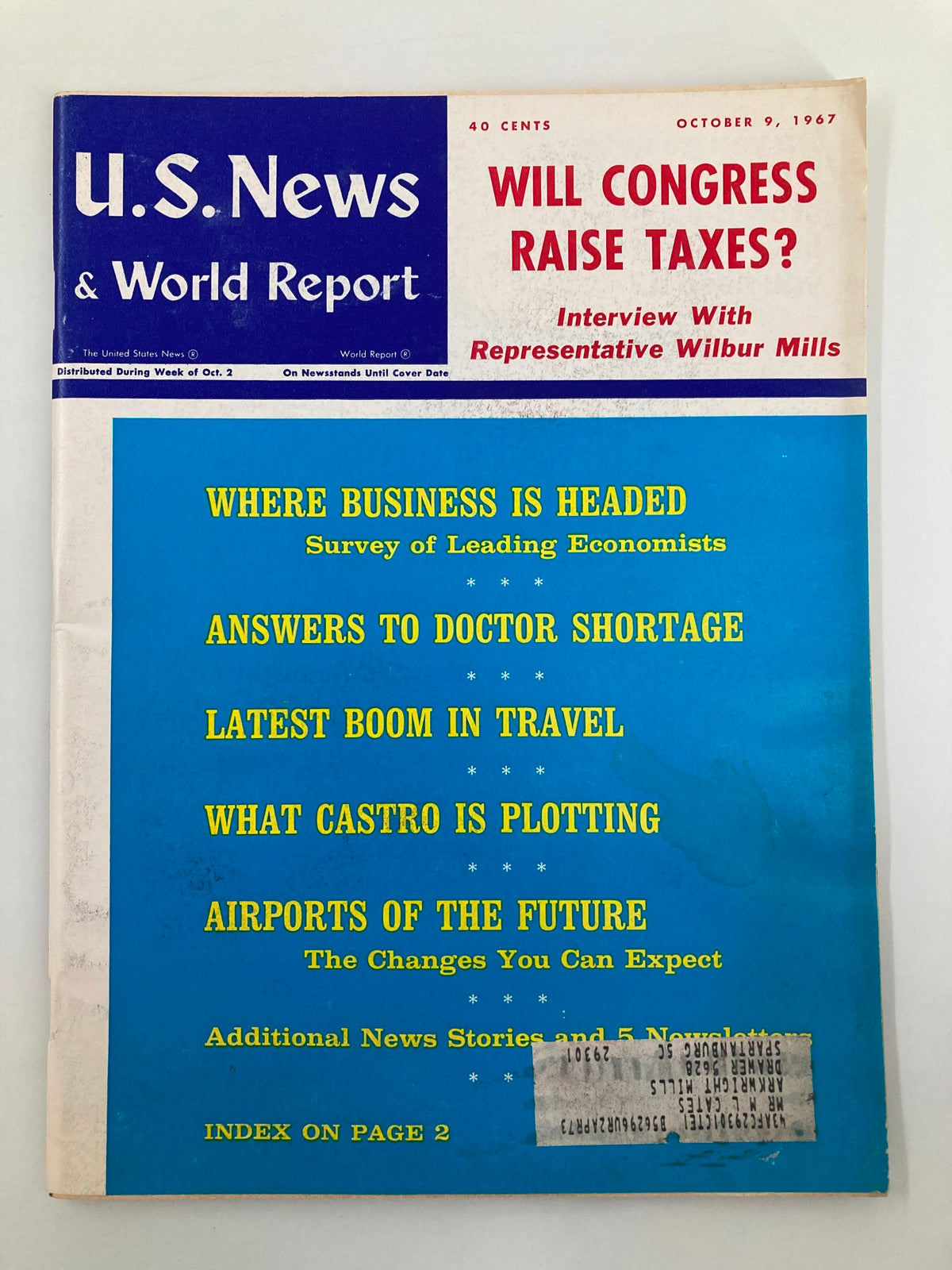 US News & World Report Magazine October 9 1967 featuring the headline 'Will Congress Raise Taxes?' with additional topics including business surveys and travel news.