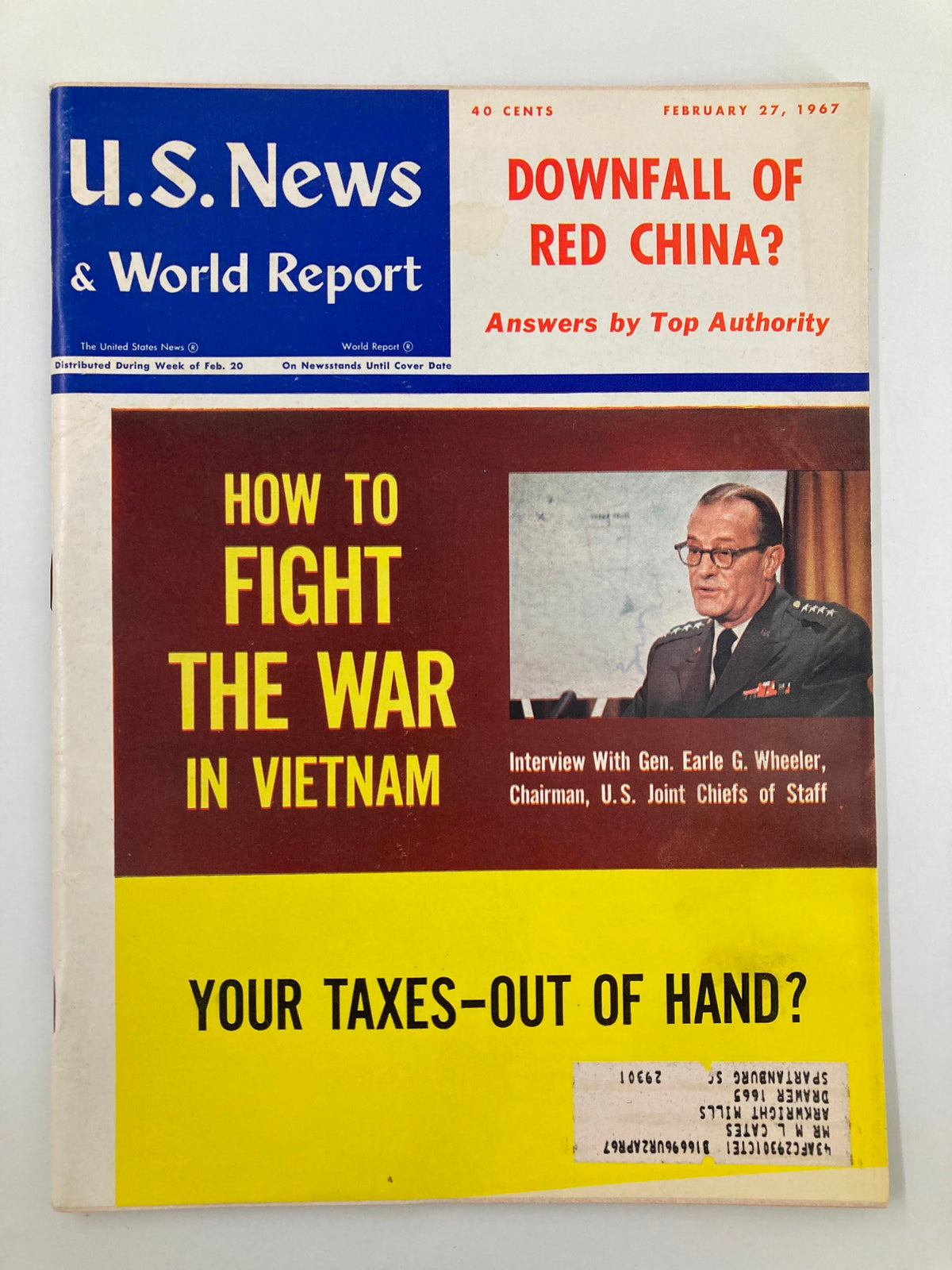 Cover of the US News & World Report Magazine dated February 27, 1967, with the title 'How To Fight The War in Vietnam' featuring an interview with General Earle G. Wheeler, Chairman of the U.S. Joint Chiefs of Staff.