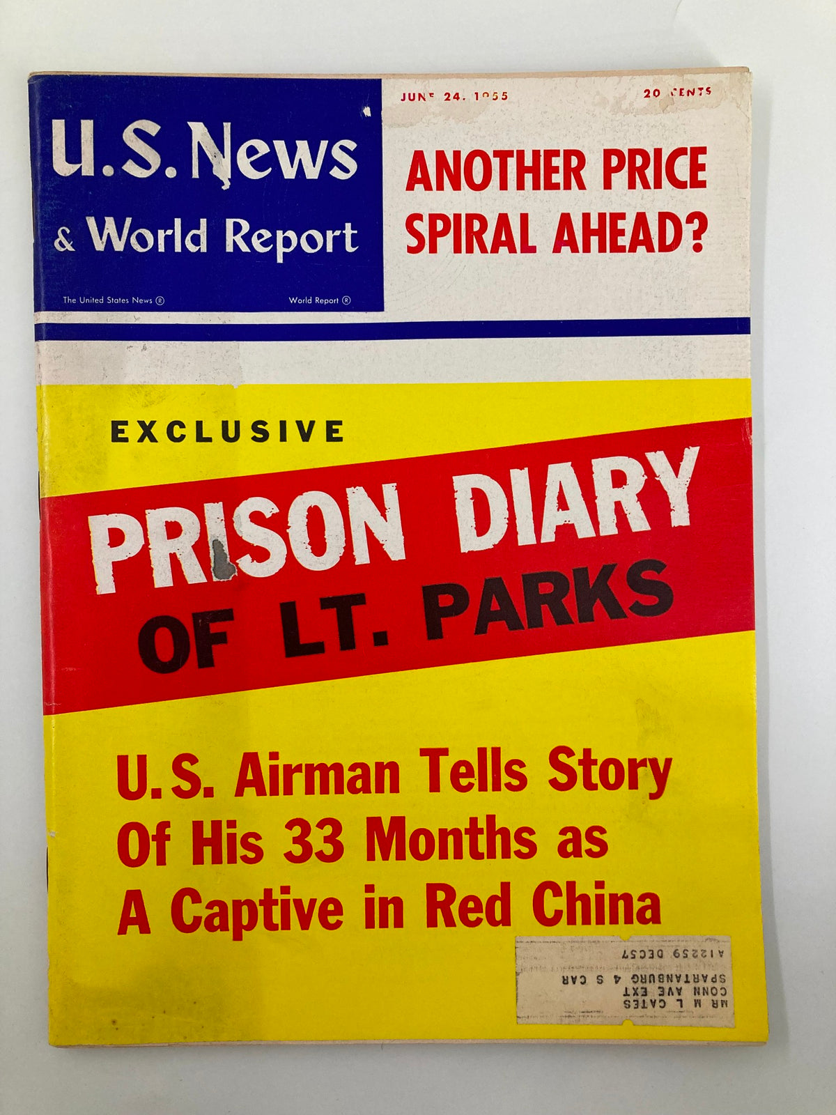 Cover of the US News & World Report Magazine dated June 24, 1955 featuring the exclusive article 'Prison Diary of Lt. Parks'. The cover highlights the story of a U.S. Airman detailing his 33 months as a captive in Red China, emphasizing its historical significance.