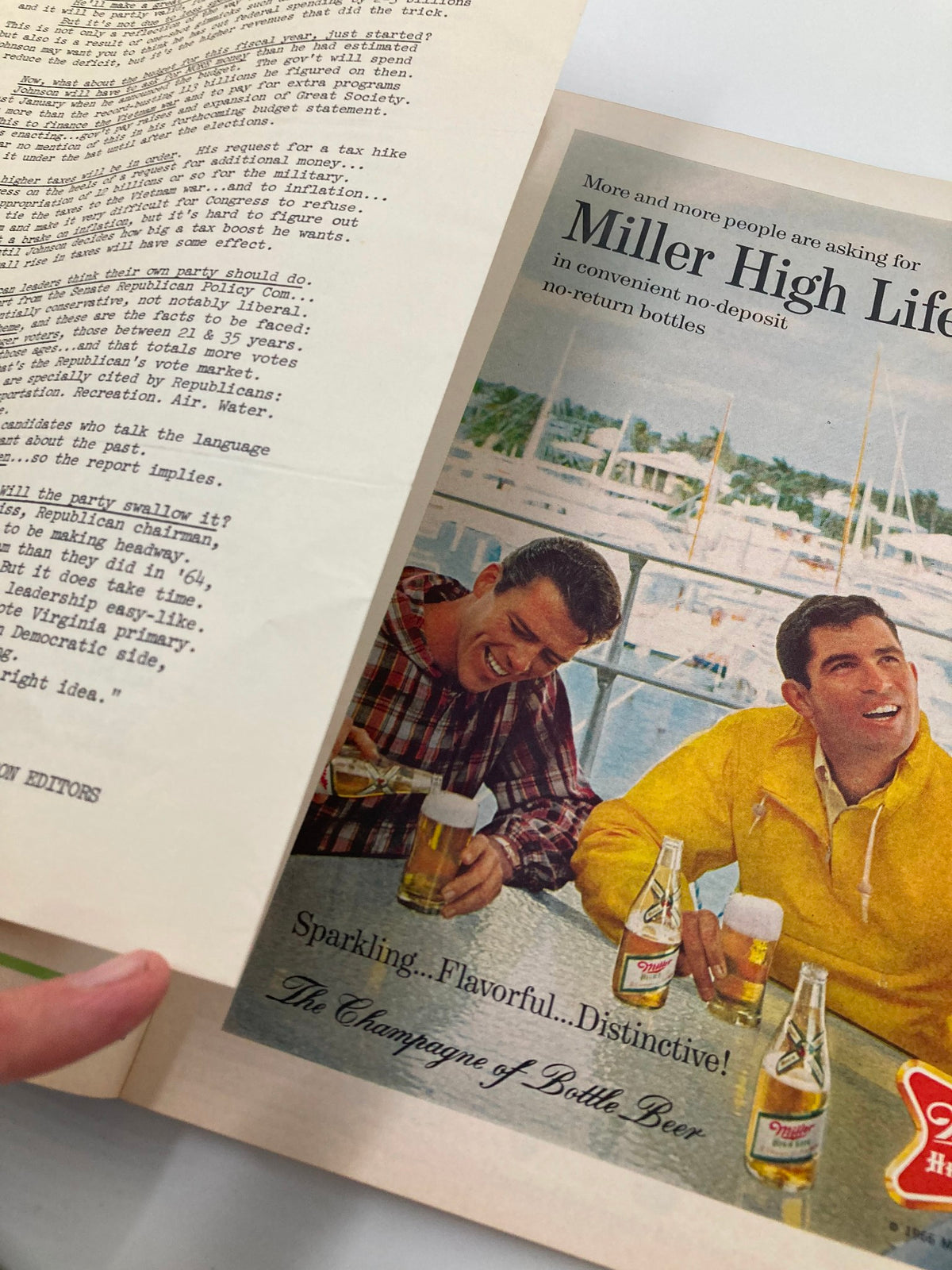 Interior page from US News & World Report Magazine dated July 25, 1966, featuring an advertisement for Miller High Life beer. This page captures the vintage style and art of 1960s print media.
