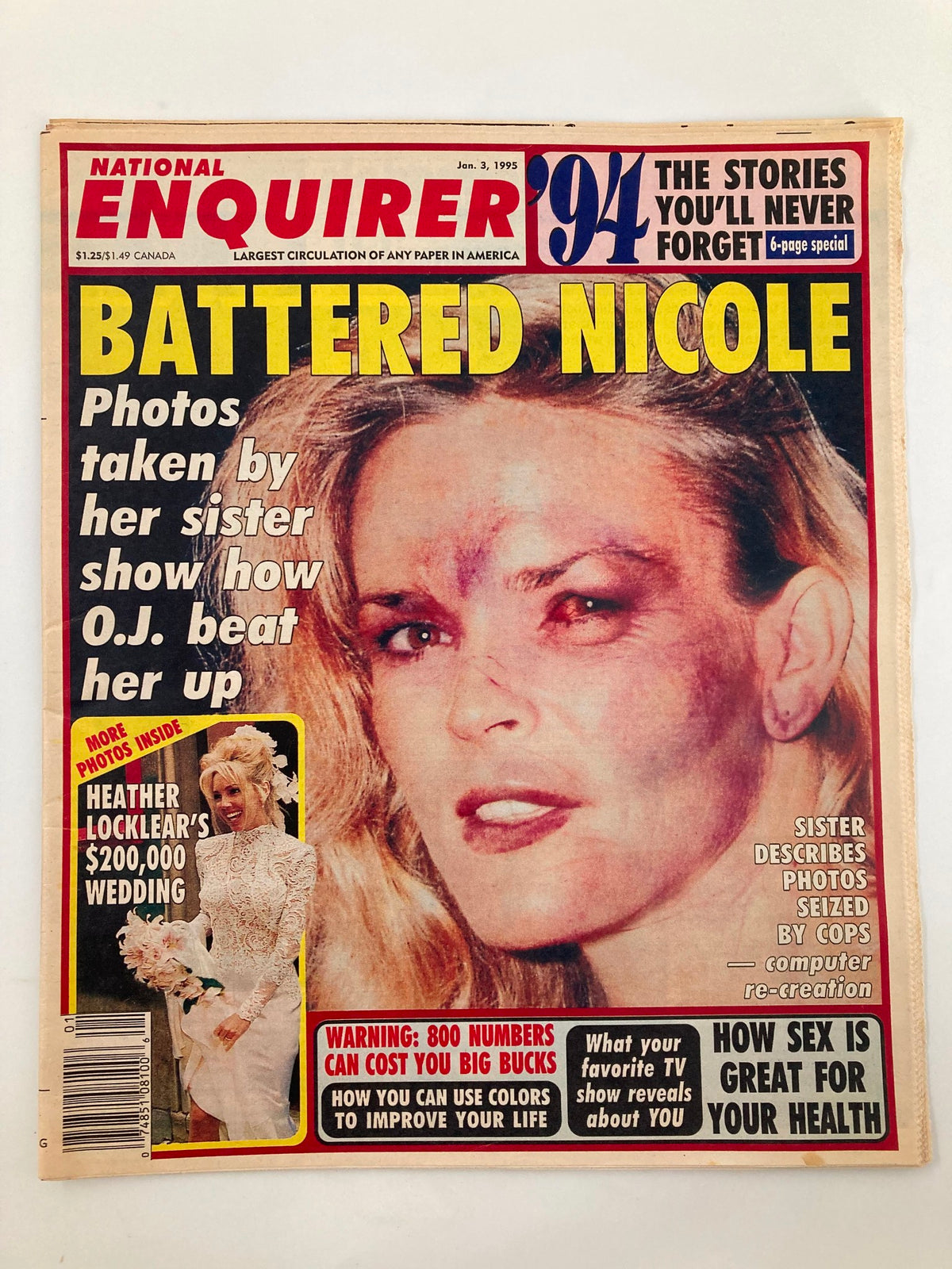 Cover of National Enquirer Magazine dated January 3, 1995, featuring the headline 'Battered Nicole' with a photo related to Nicole Brown and Heather Locklear's wedding story, showcasing celebrity gossip and sensational news from the mid-90s.