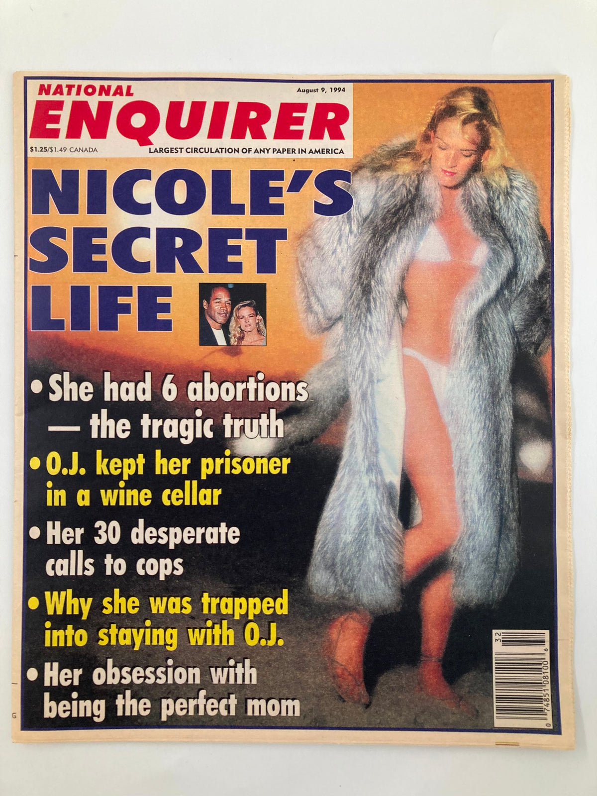 National Enquirer Magazine cover from August 9, 1994 featuring the title 'Nicole's Secret Life'. The cover highlights sensational stories about Nicole Brown Simpson and O.J. Simpson, including claims about her personal struggles and their tumultuous relationship.
